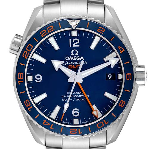 The image shows a frontal view of the Omega Planet Ocean watch, highlighting the dial, bezel, and crown.