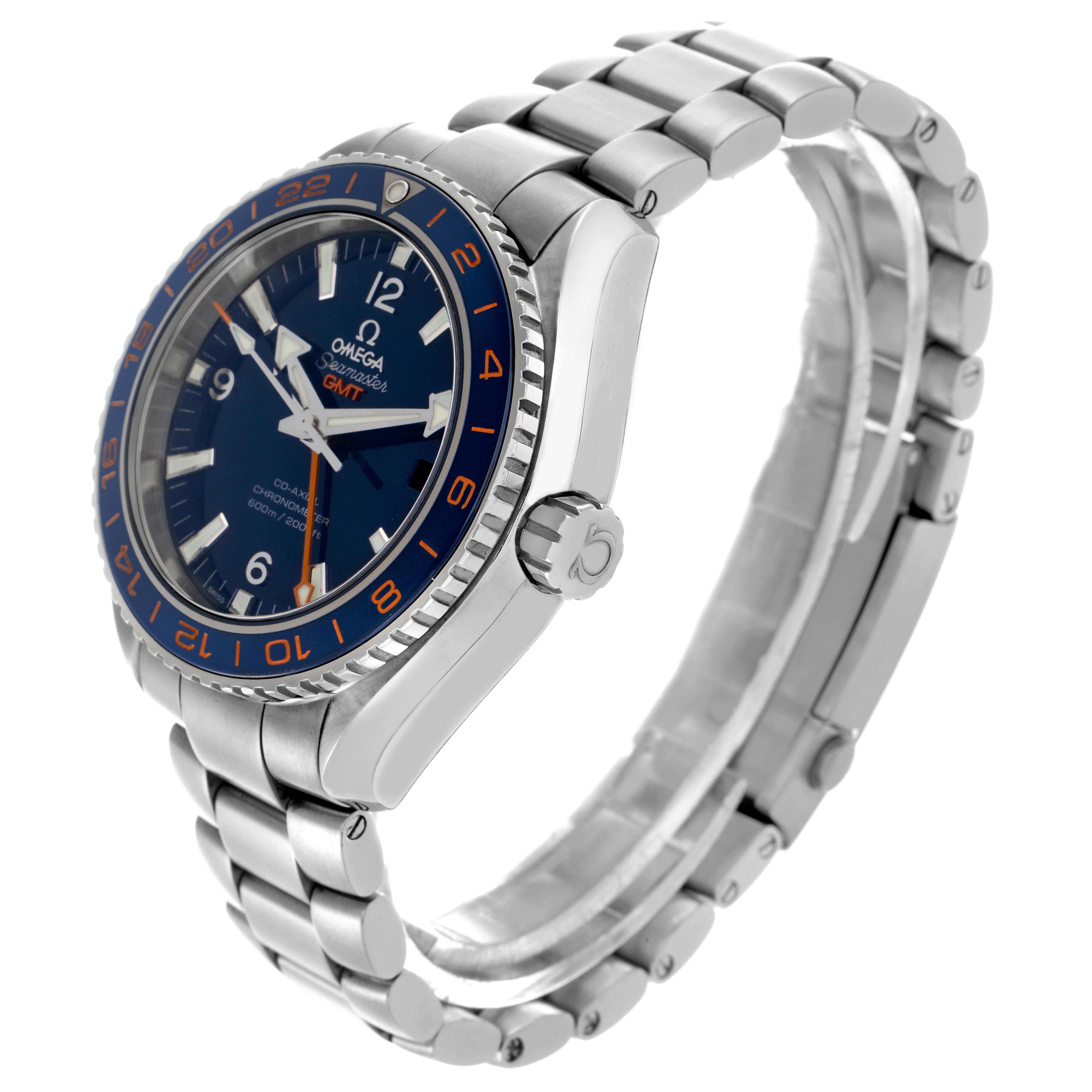 The Omega Planet Ocean 232.30.44.22.03.001 Men
s Stainless Steel Blue Dial 232.30.44.22.03.001 Men
s Stainless Steel Blue Dial watch is shown at a side angle highlighting the face, bezel, crown, and bracelet.