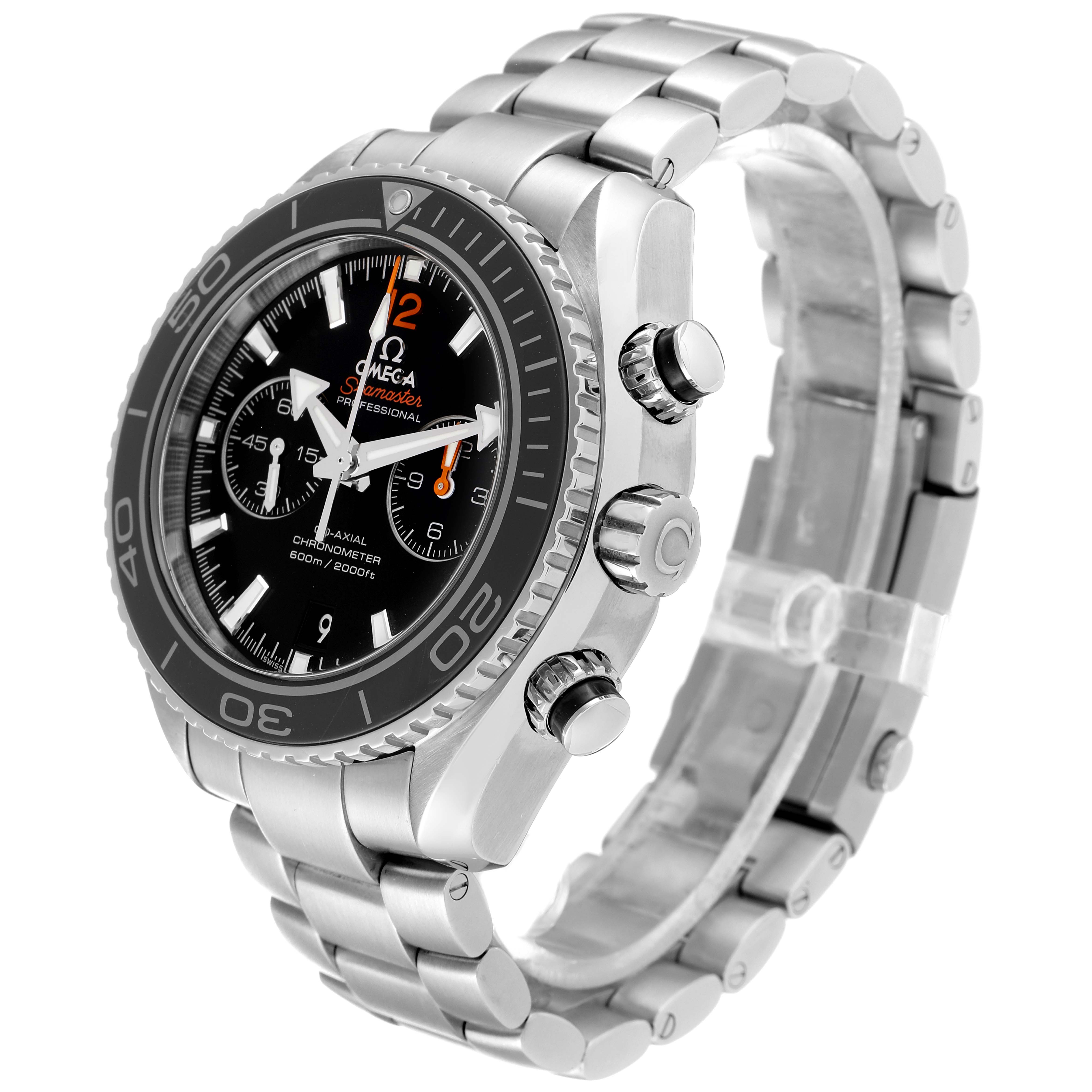 The image shows an Omega Planet Ocean 232.30.46.51.01.003 Men
s Stainless Steel Black Dial 232.30.46.51.01.003 Men
s Stainless Steel Black Dial watch from a side angle, focusing on the bezel, dial, and bracelet.