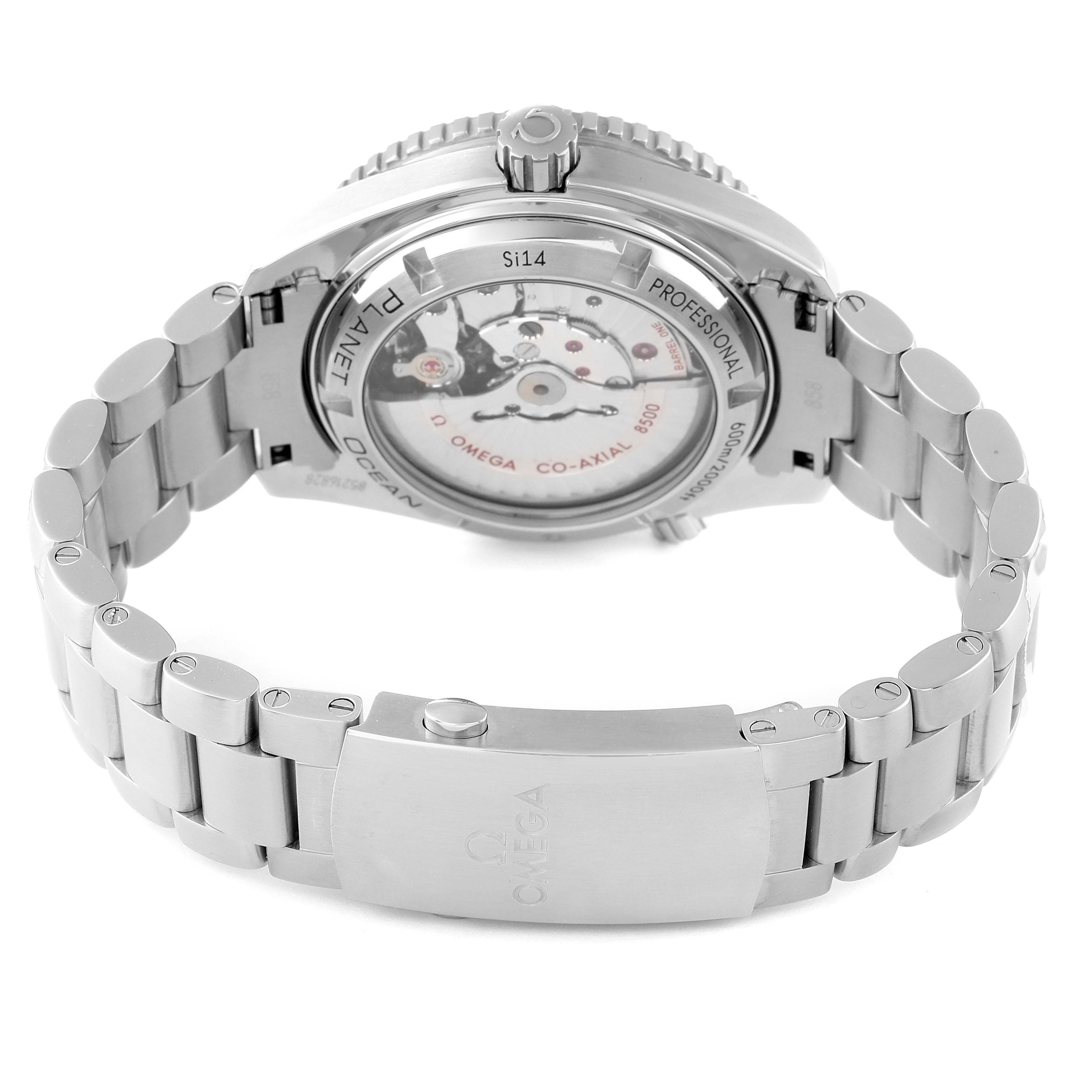 The image shows the back view of an Omega Planet Ocean 232.30.42.21.01.003 Men
s Stainless Steel Black Dial 232.30.42.21.01.003 Men
s Stainless Steel Black Dial watch, highlighting the movement and stainless steel bracelet.