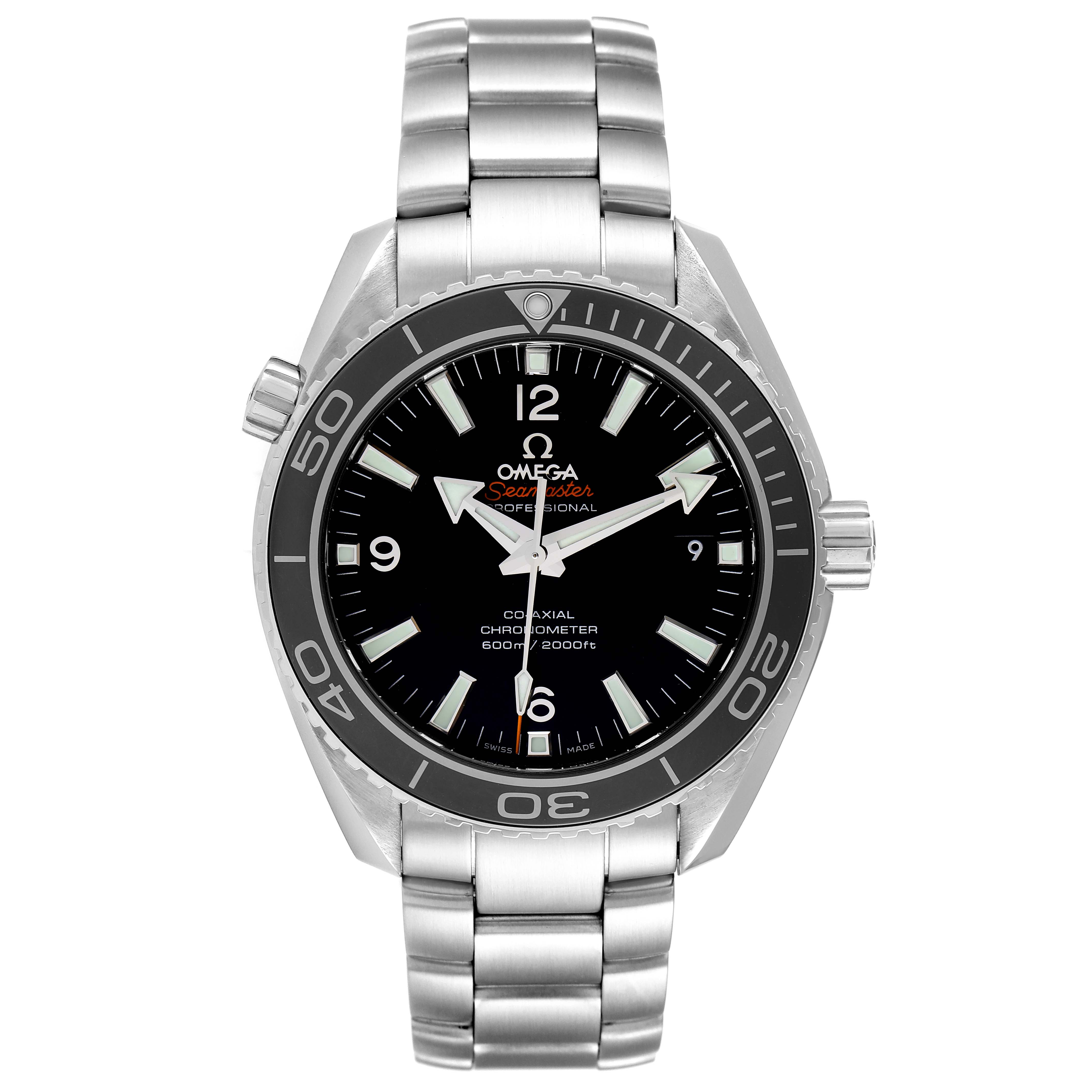 The Omega Planet Ocean 232.30.42.21.01.003 Men
s Stainless Steel Black Dial 232.30.42.21.01.003 Men
s Stainless Steel Black Dial watch is shown from a front angle, displaying its face, bezel, crown, and stainless steel bracelet.