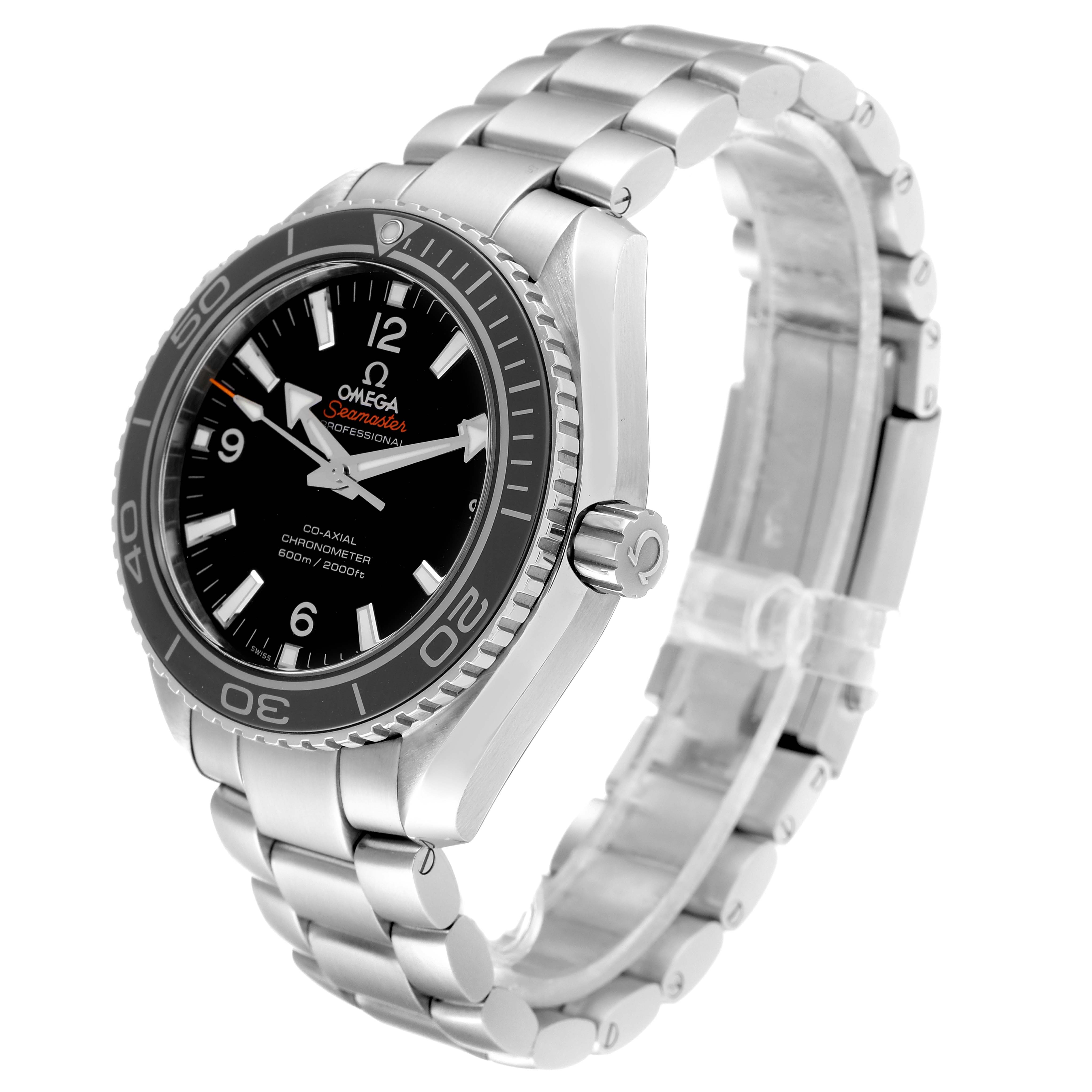 The image shows a side-angle view of the Omega Planet Ocean 232.30.42.21.01.003 Men
s Stainless Steel Black Dial 232.30.42.21.01.003 Men
s Stainless Steel Black Dial watch, highlighting the dial, bezel, and bracelet.