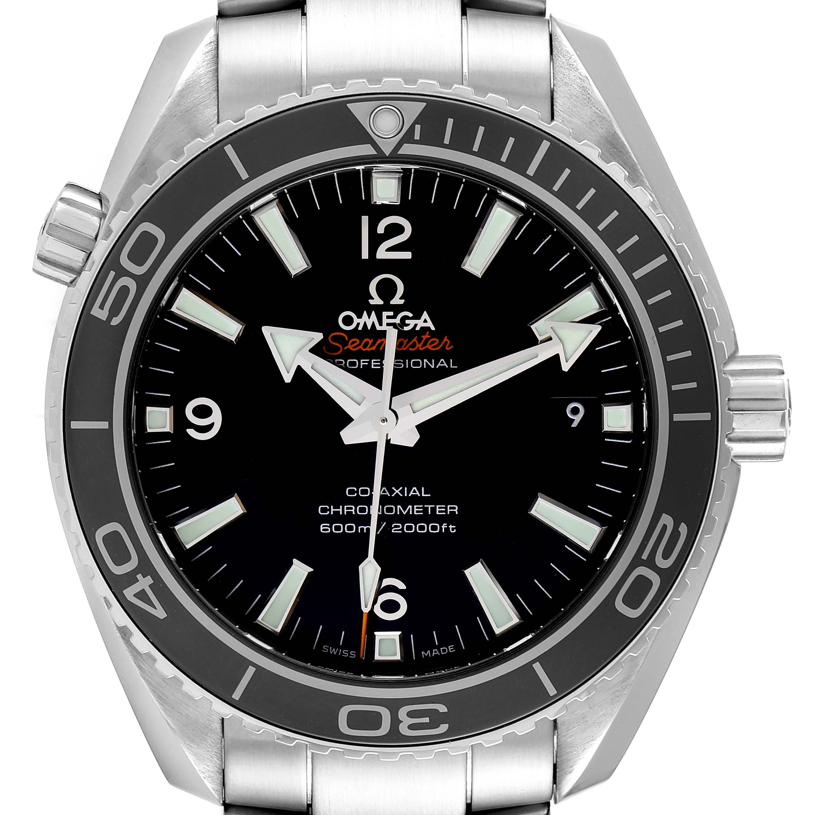 The image shows a front view of the Omega Planet Ocean 232.30.42.21.01.003 Men
s Stainless Steel Black Dial 232.30.42.21.01.003 Men
s Stainless Steel Black Dial model from the Seamaster series, highlighting the dial, bezel, and crown.