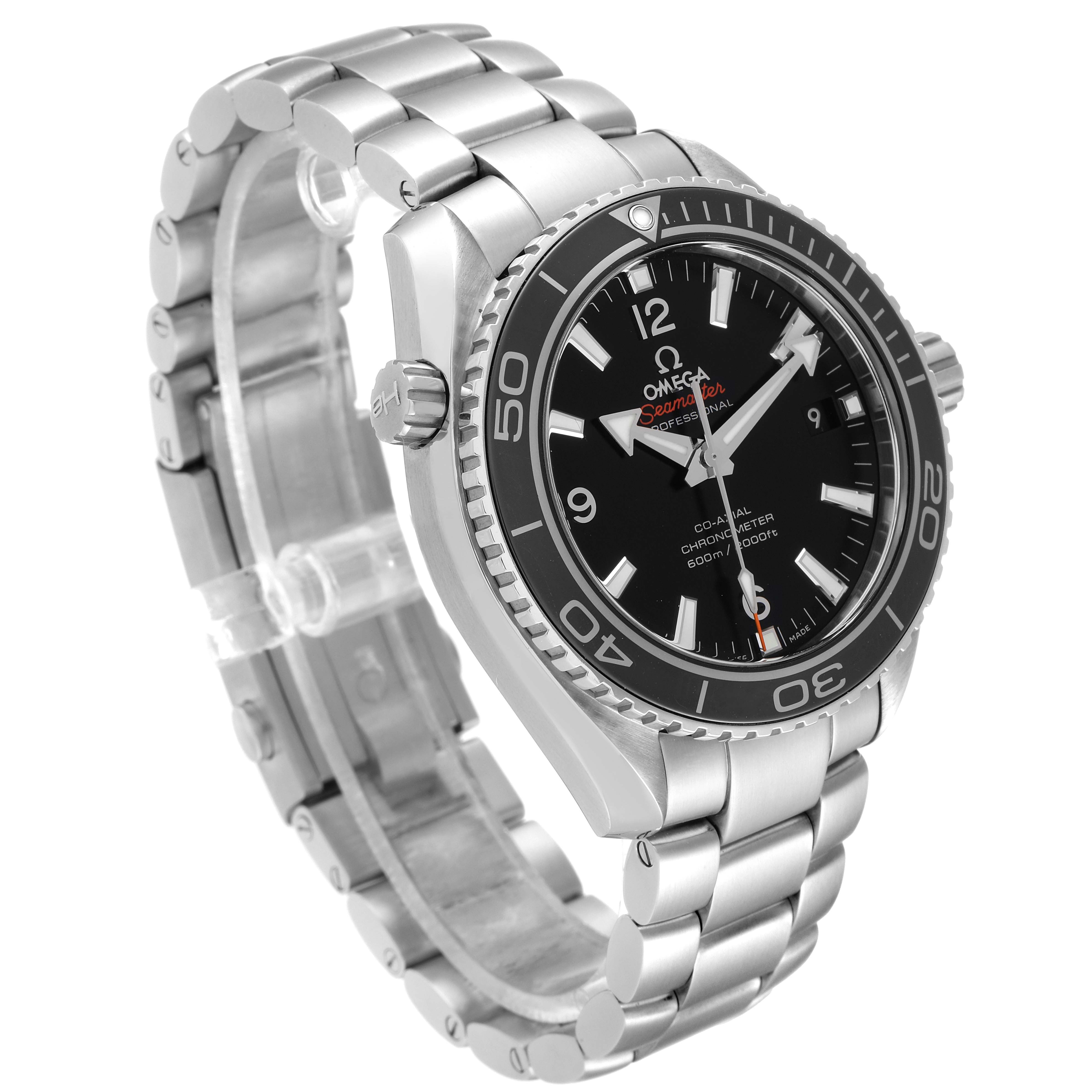 The image shows the Omega Planet Ocean 232.30.42.21.01.003 Men
s Stainless Steel Black Dial 232.30.42.21.01.003 Men
s Stainless Steel Black Dial watch from a three-quarter view, highlighting its face, bezel, and stainless steel bracelet.