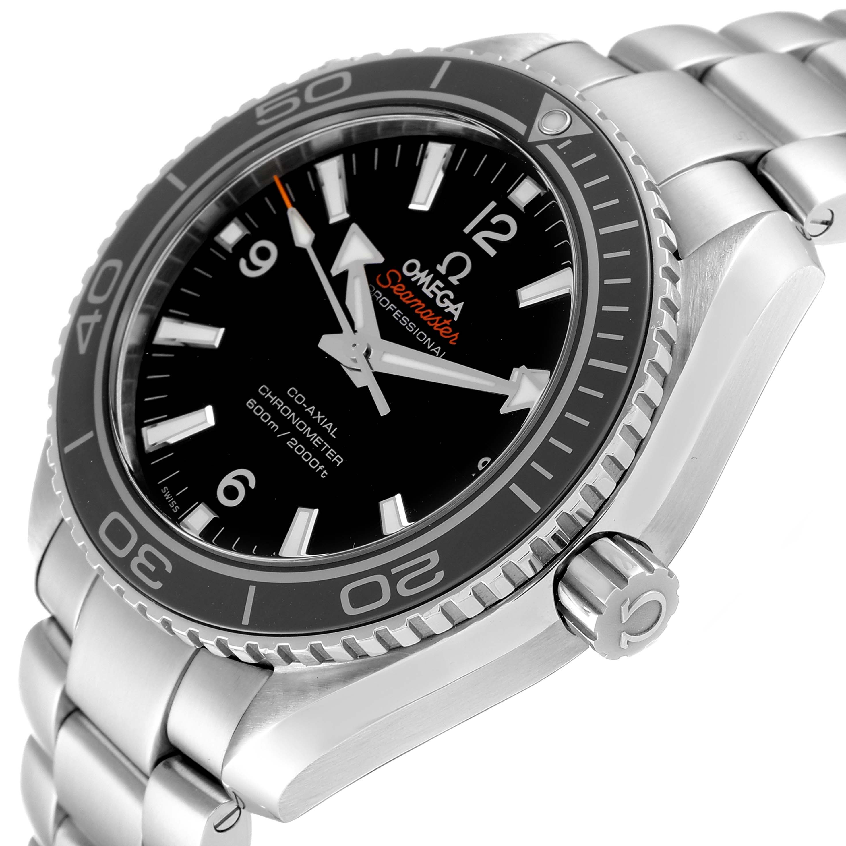 The Omega Planet Ocean 232.30.42.21.01.003 Men
s Stainless Steel Black Dial 232.30.42.21.01.003 Men
s Stainless Steel Black Dial watch is shown at an oblique angle, highlighting the bezel, dial, crown, and part of the bracelet.