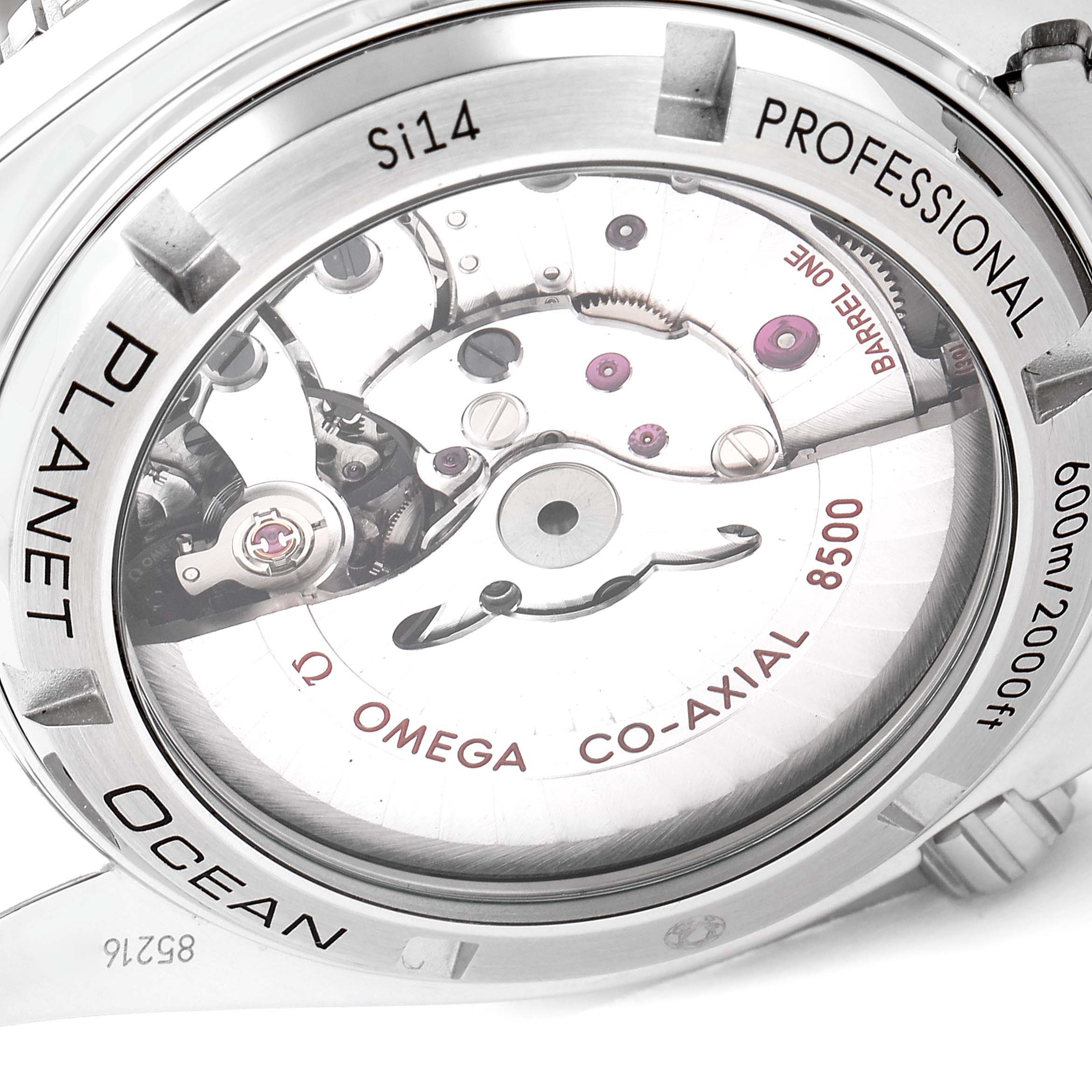 The image shows the back of the Omega Planet Ocean 232.30.42.21.01.003 Men
s Stainless Steel Black Dial 232.30.42.21.01.003 Men
s Stainless Steel Black Dial watch, highlighting the Co-Axial 8500 movement.