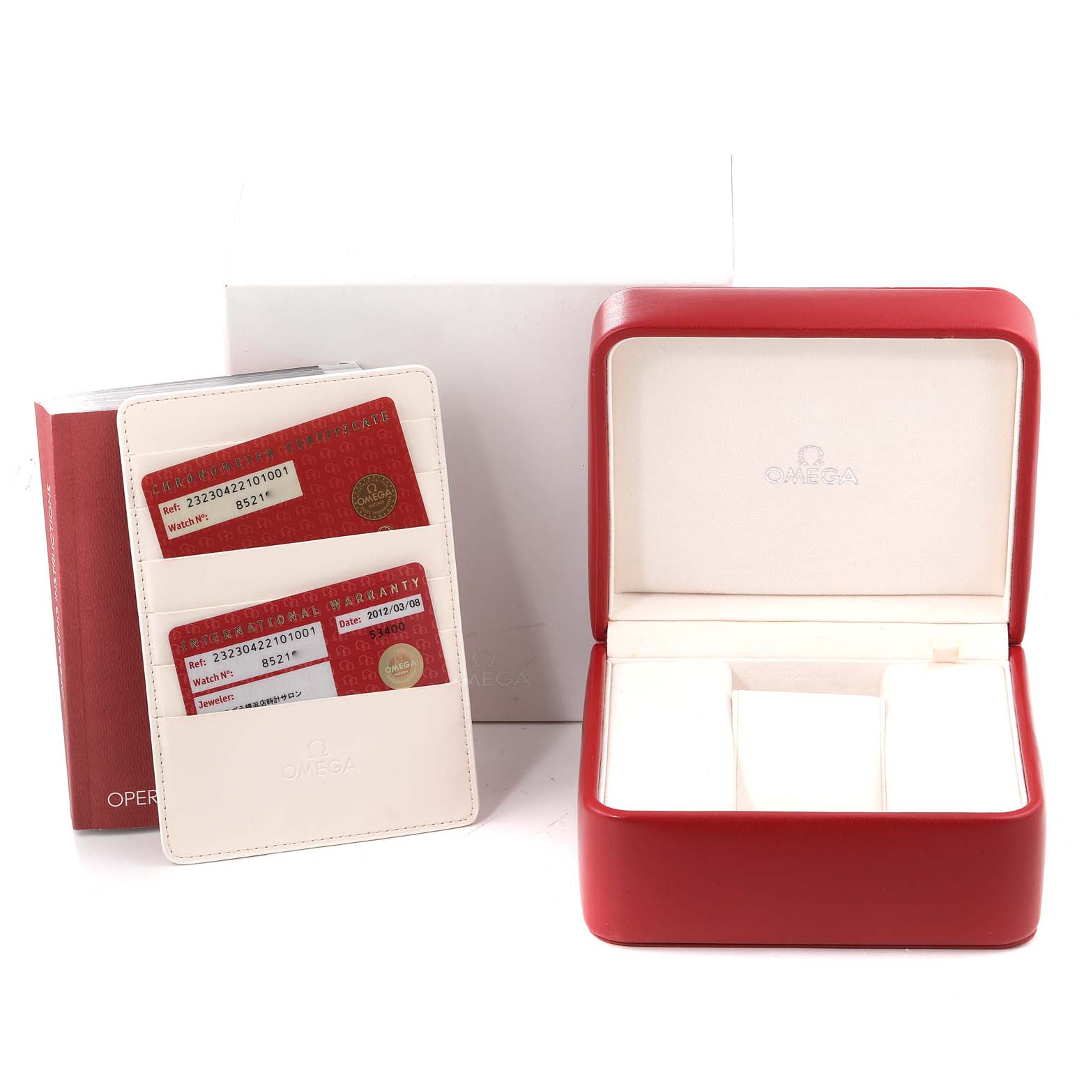 The image shows the box, warranty cards, and instruction manual for the Omega Planet Ocean 232.30.42.21.01.003 Men
s Stainless Steel Black Dial 232.30.42.21.01.003 Men
s Stainless Steel Black Dial watch model.