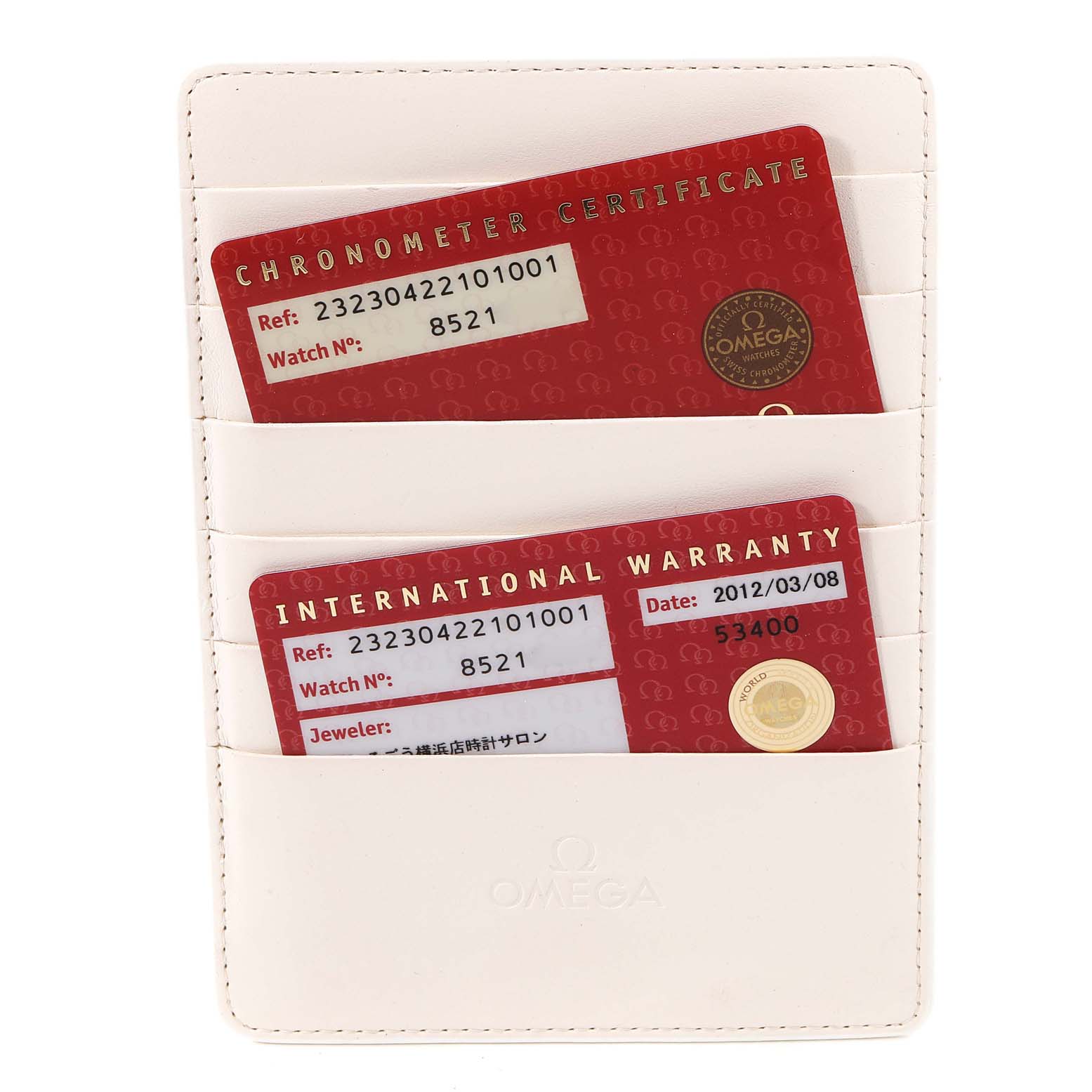 The image shows Omega Planet Ocean 232.30.42.21.01.003 Men
s Stainless Steel Black Dial 232.30.42.21.01.003 Men
s Stainless Steel Black Dial model chronometer certificate and international warranty cards in a white cardholder.