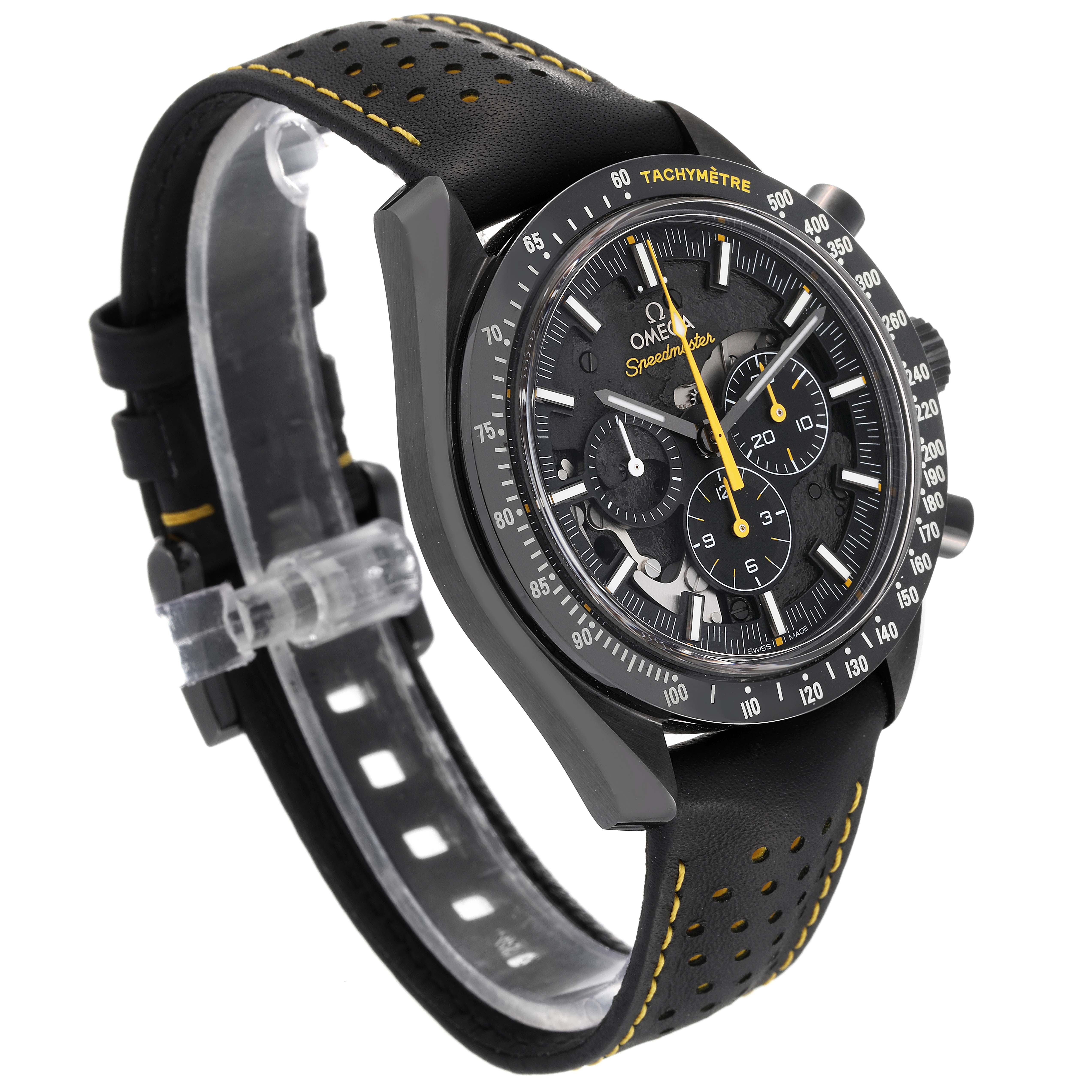 The Omega Speedmaster 311.92.44.30.01.001 Men's Ceramic Black Dial 311.92.44.30.01.001 Men's Ceramic Black Dial watch is shown at a three-quarter angle, displaying the face, tachymeter bezel, and perforated strap.