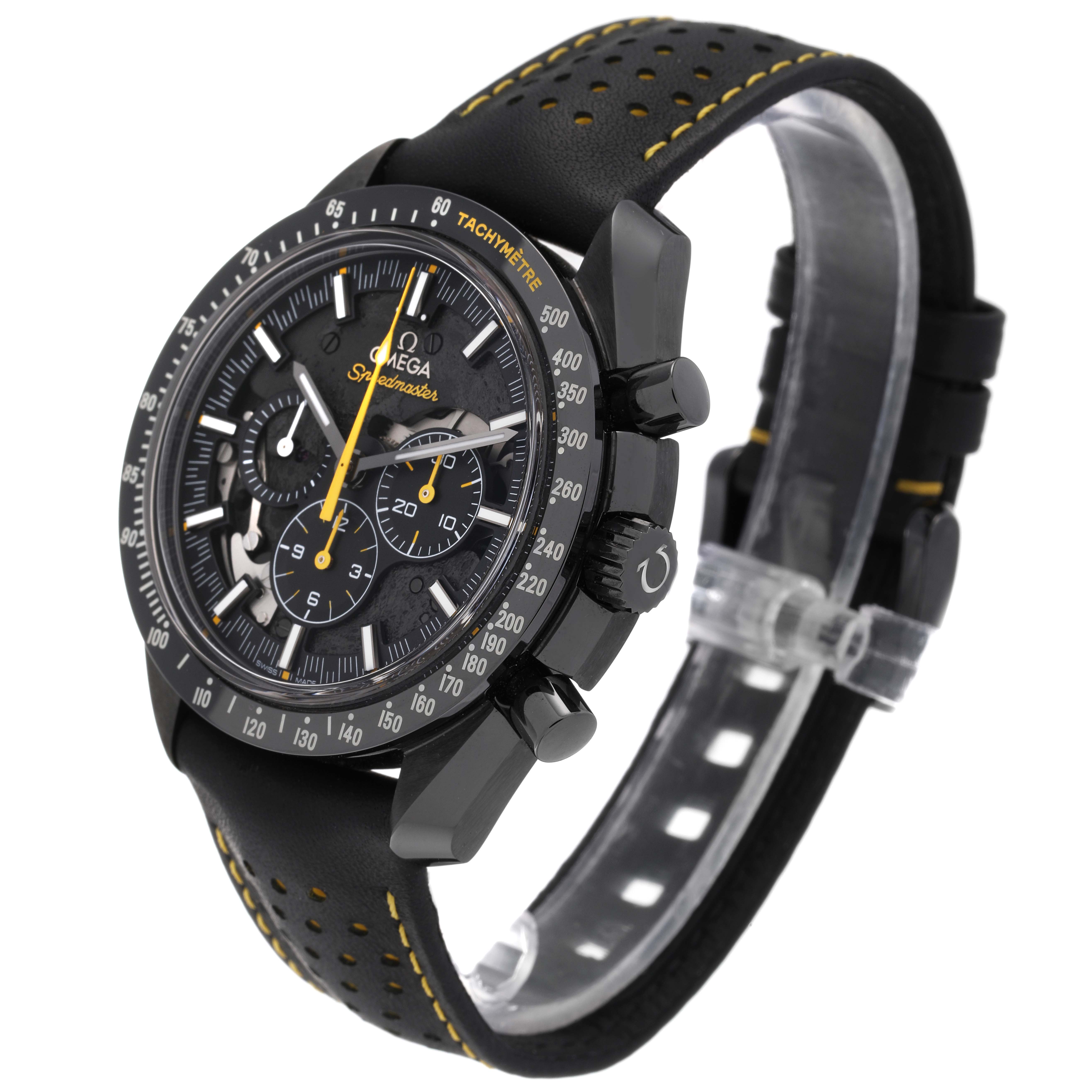 The Omega Speedmaster 311.92.44.30.01.001 Men's Ceramic Black Dial 311.92.44.30.01.001 Men's Ceramic Black Dial watch is shown at an angle displaying the face, tachymeter bezel, crown, pushers, and leather strap.