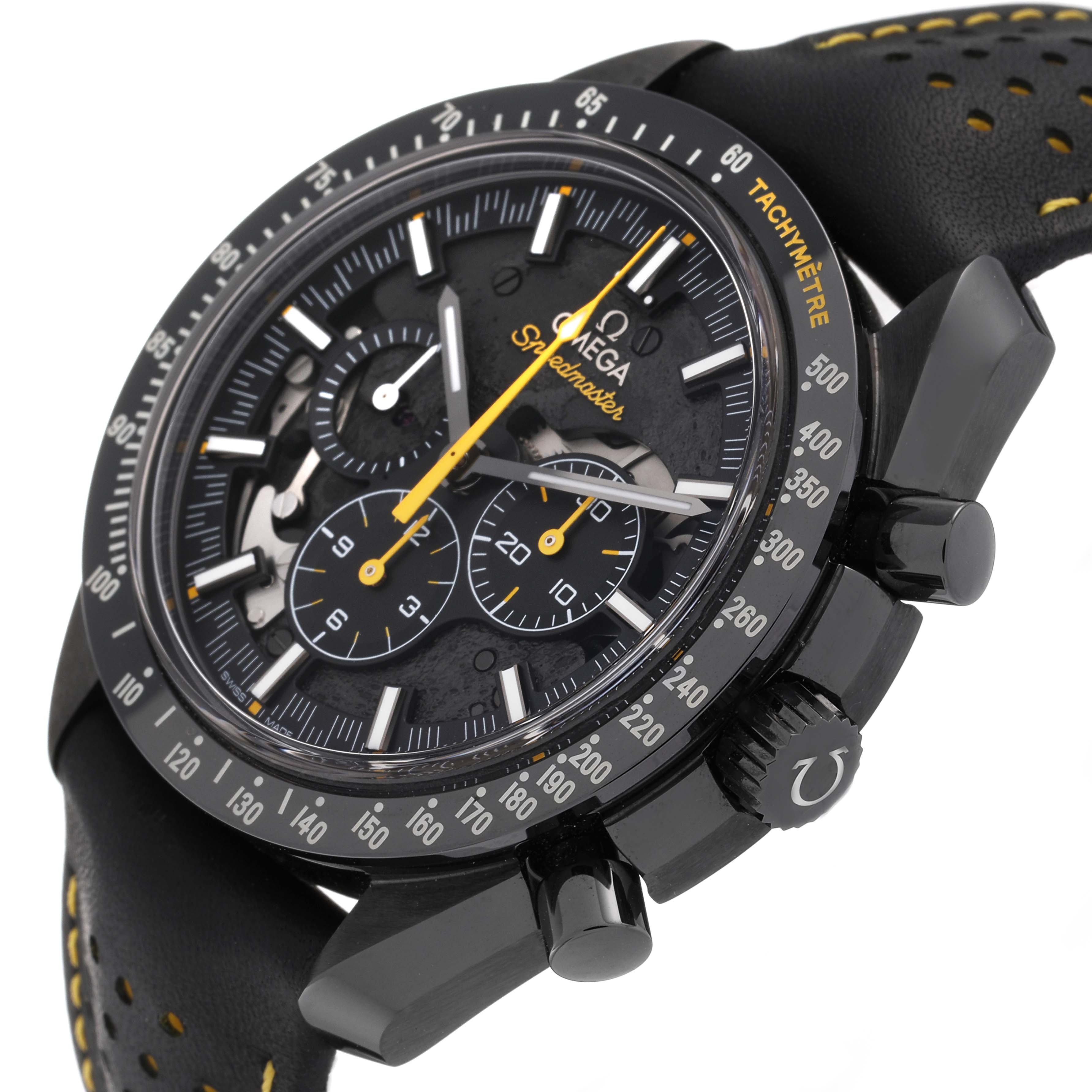 The image shows an angled close-up of the dial and side buttons of the Omega Speedmaster 311.92.44.30.01.001 Men's Ceramic Black Dial 311.92.44.30.01.001 Men's Ceramic Black Dial watch.