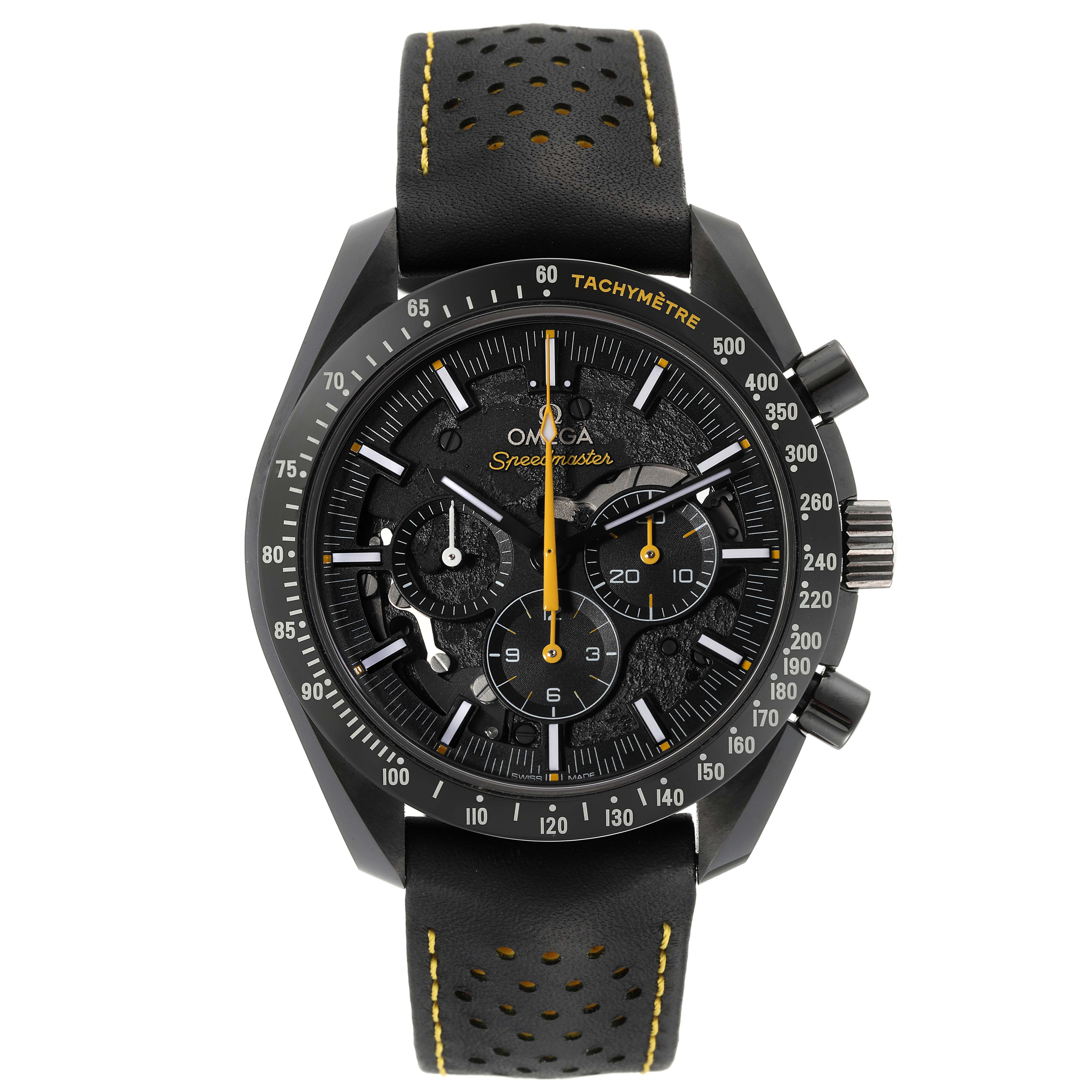 The image shows a front view of an Omega Speedmaster 311.92.44.30.01.001 Men's Ceramic Black Dial 311.92.44.30.01.001 Men's Ceramic Black Dial watch, highlighting its black dial, subdials, bezel, and leather strap with yellow stitching.