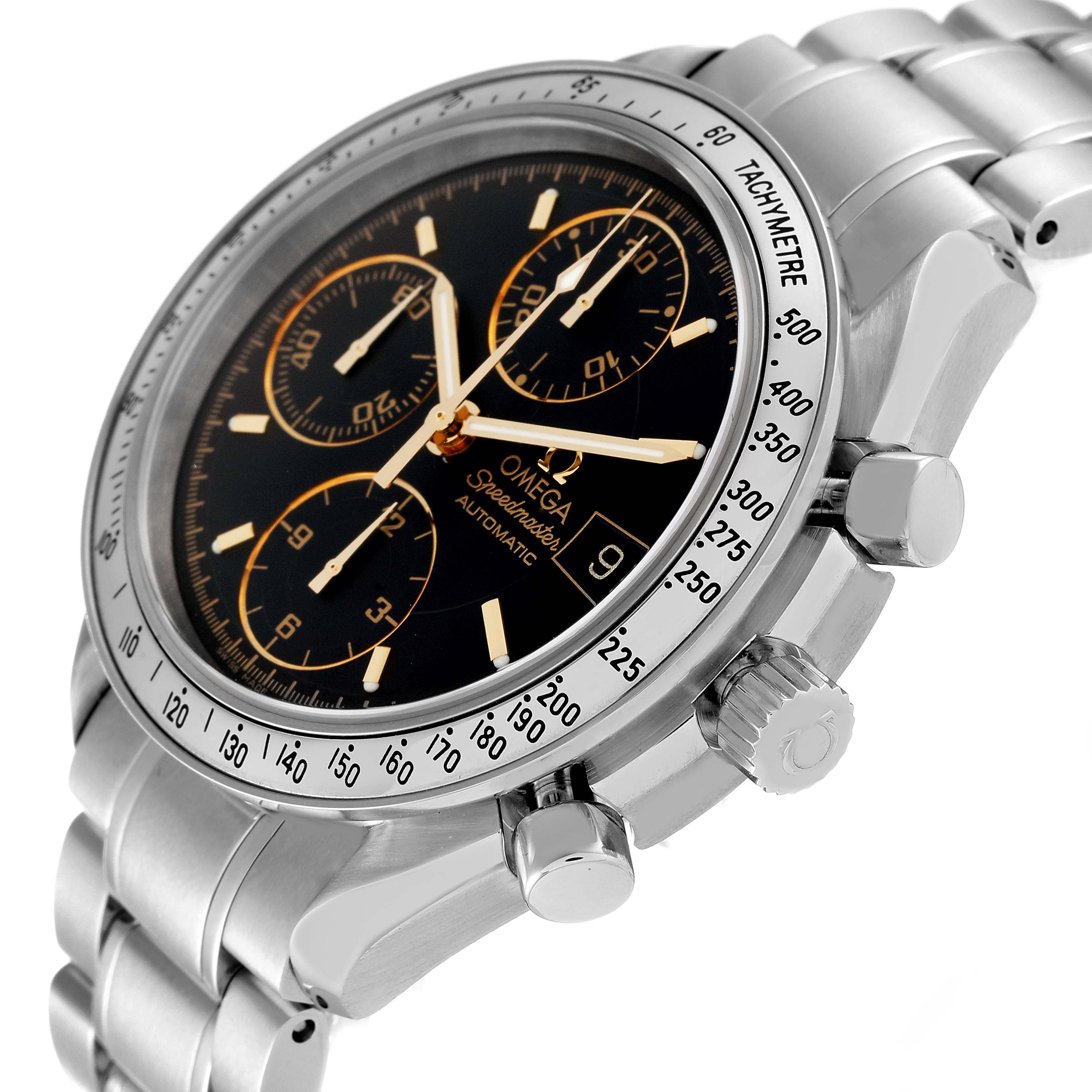 The image shows an angled view of the Omega Speedmaster 3513.54.00 Men's Stainless Steel Black Dial 3513.54.00 Men's Stainless Steel Black Dial watch, highlighting its dial, bezel, subdials, and stainless steel bracelet.