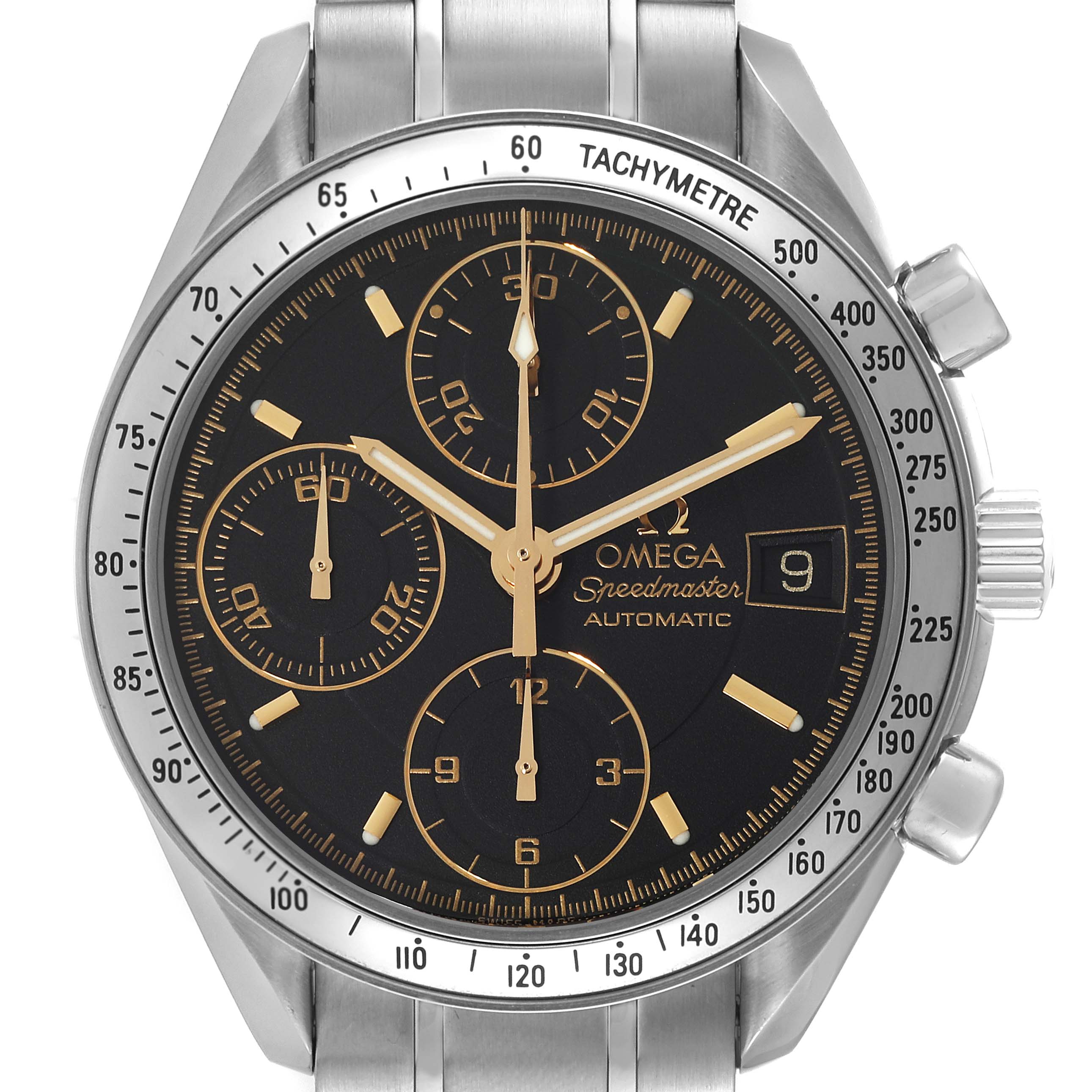 The Omega Speedmaster 3513.54.00 Men's Stainless Steel Black Dial 3513.54.00 Men's Stainless Steel Black Dial watch is displayed from a front angle showing its black dial, three subdials, tachymeter scale, and date window.