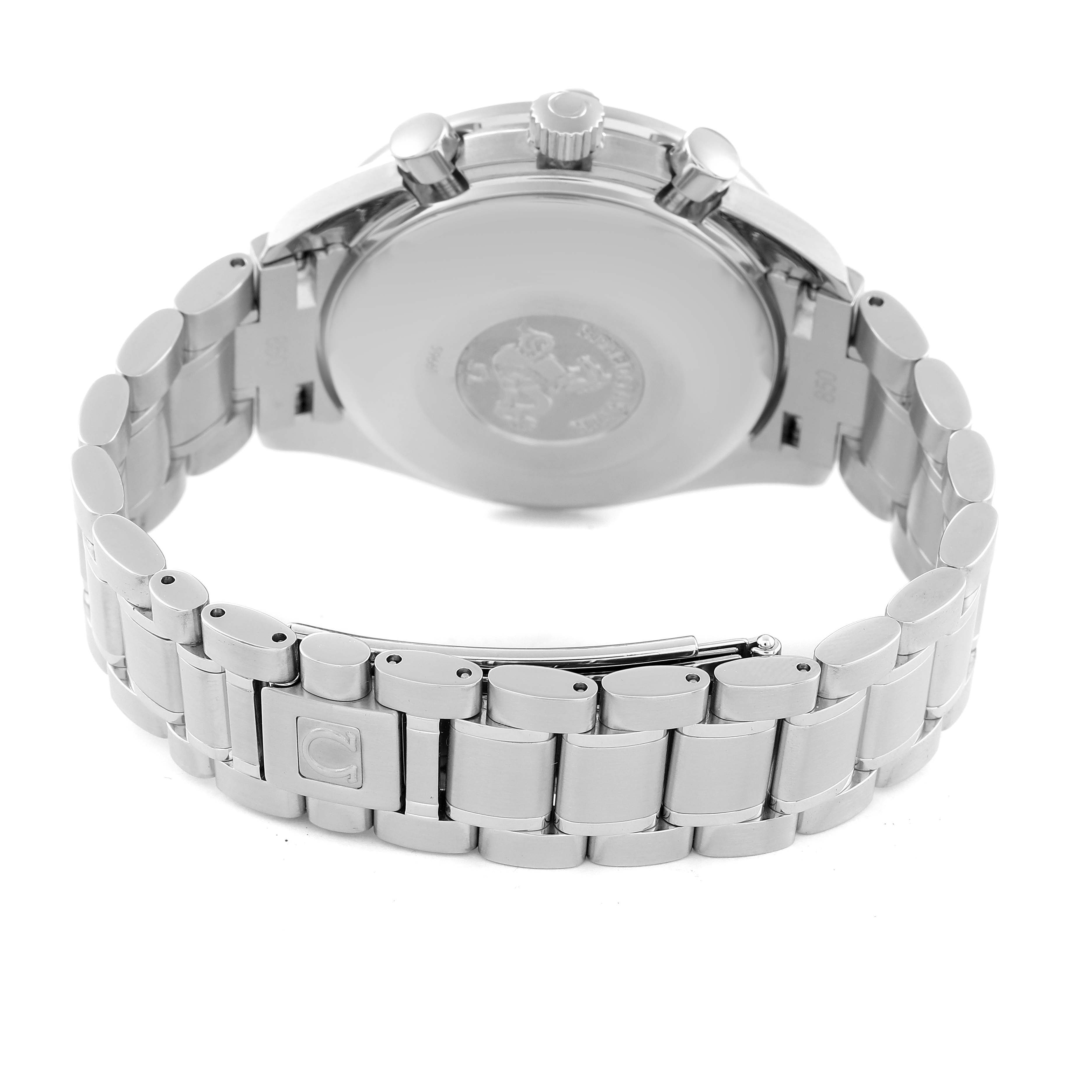 This image shows the back view of an Omega Speedmaster 3513.54.00 Men's Stainless Steel Black Dial 3513.54.00 Men's Stainless Steel Black Dial watch, focusing on the stainless steel bracelet and clasp.