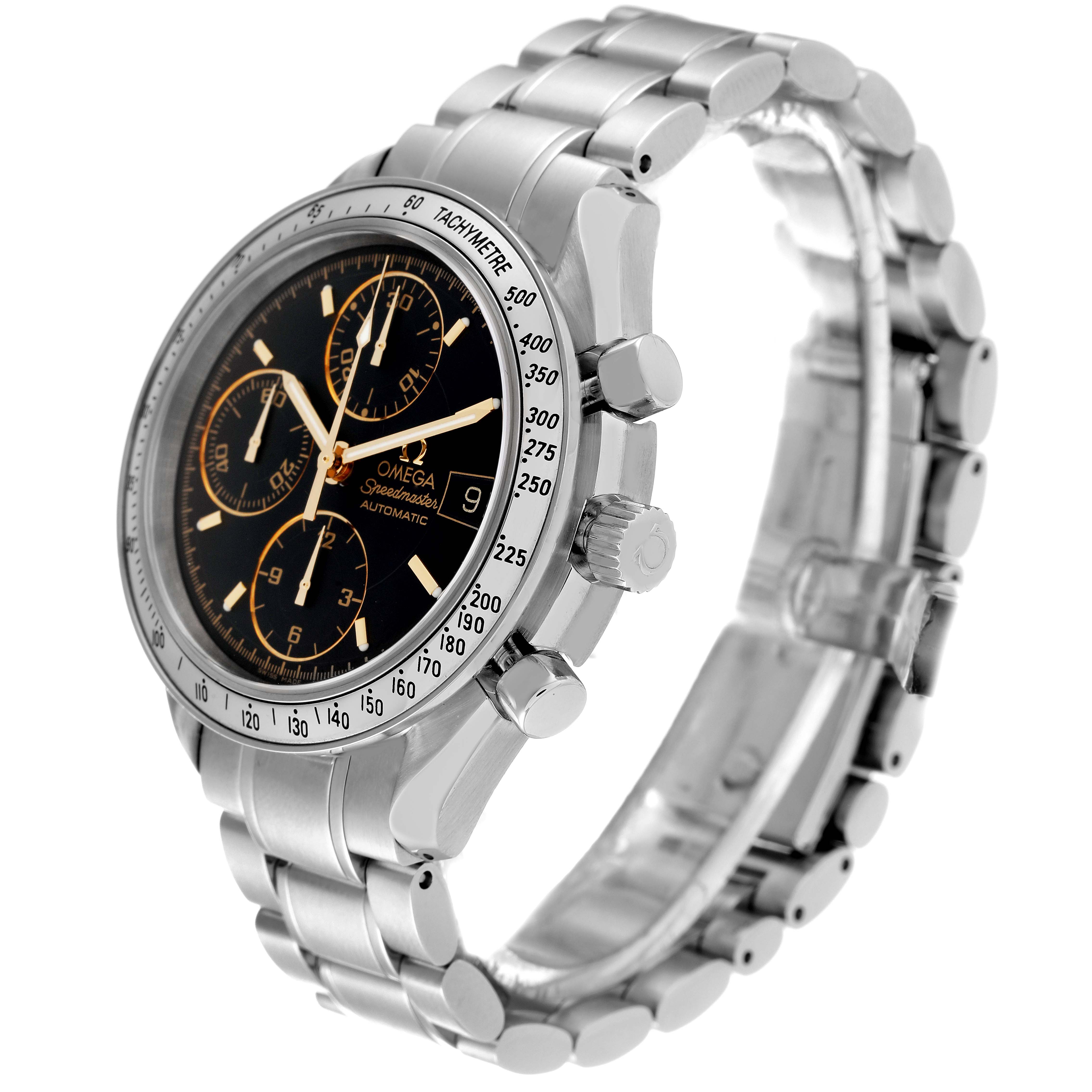 The image shows an Omega Speedmaster 3513.54.00 Men's Stainless Steel Black Dial 3513.54.00 Men's Stainless Steel Black Dial watch from a front-side angle, displaying its dial, bezel, and stainless steel bracelet.