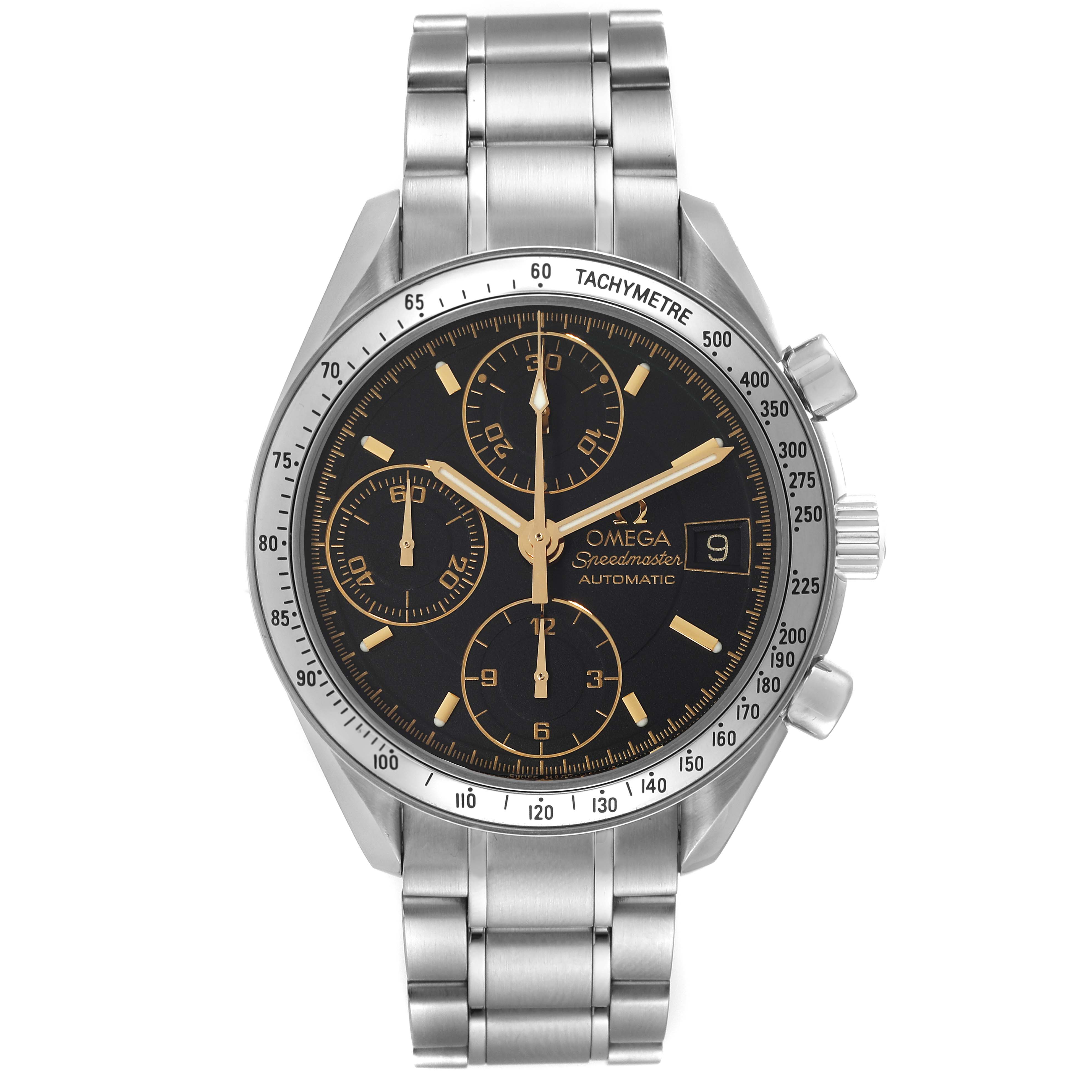 The image shows a front view of an Omega Speedmaster 3513.54.00 Men's Stainless Steel Black Dial 3513.54.00 Men's Stainless Steel Black Dial watch, highlighting its dial, bezel, and stainless steel bracelet.