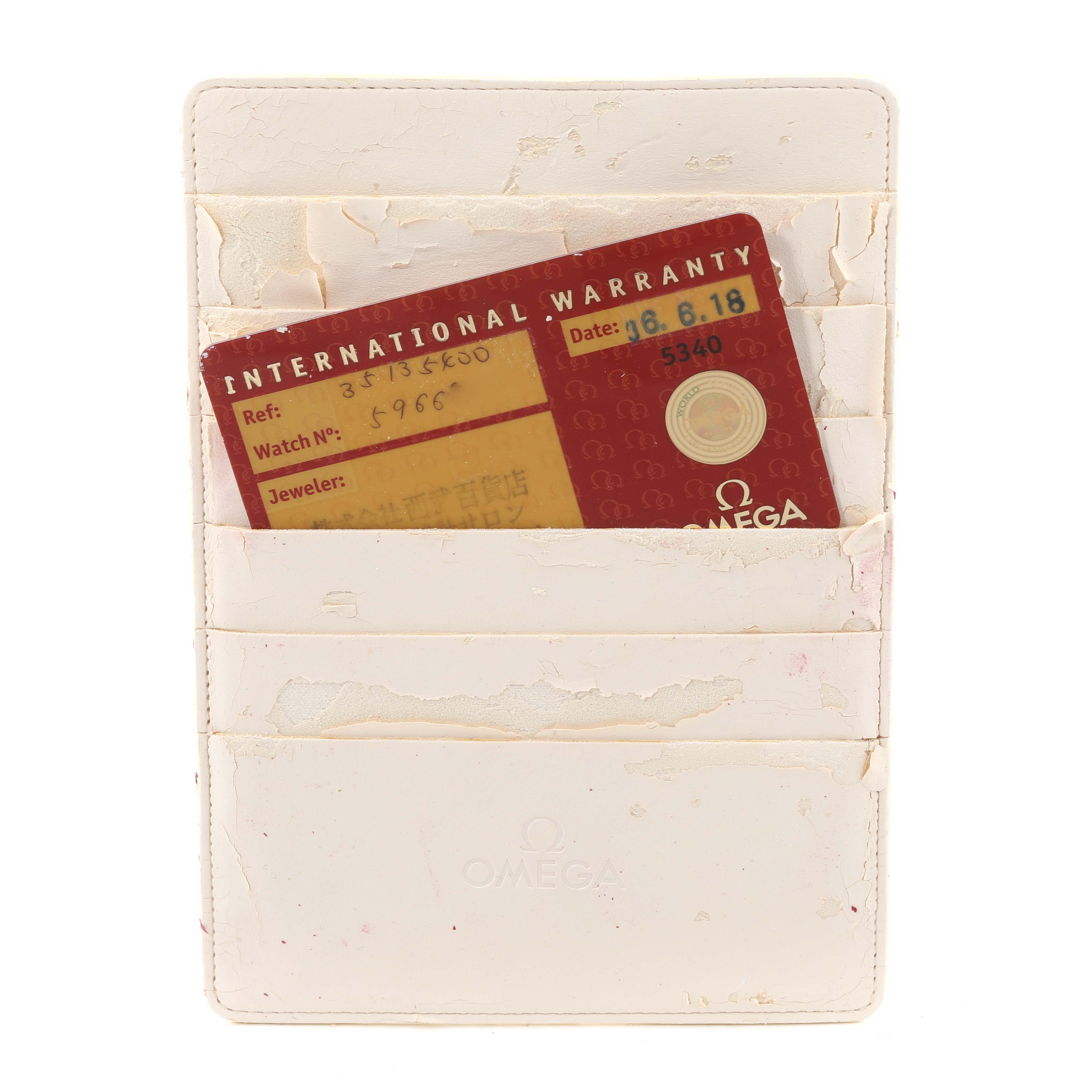 The image shows the front of an Omega cardholder containing an International Warranty card for the Omega Speedmaster 3513.54.00 Men's Stainless Steel Black Dial 3513.54.00 Men's Stainless Steel Black Dial model.