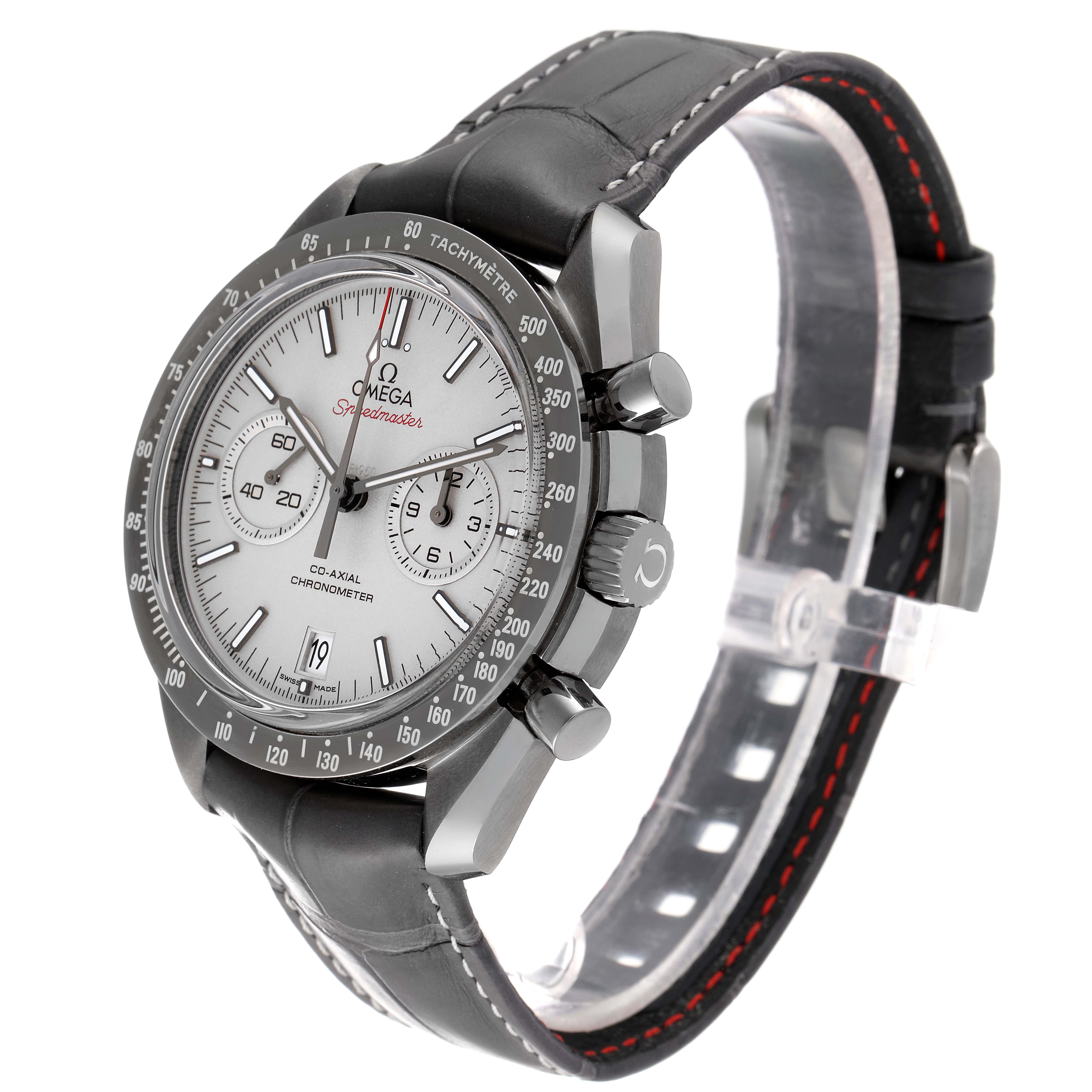 The image shows an Omega Speedmaster 311.93.44.51.99.001 Men's Ceramic Silver Dial 311.93.44.51.99.001 Men's Ceramic Silver Dial watch captured from an angled side view, displaying the dial, bezel, and strap.