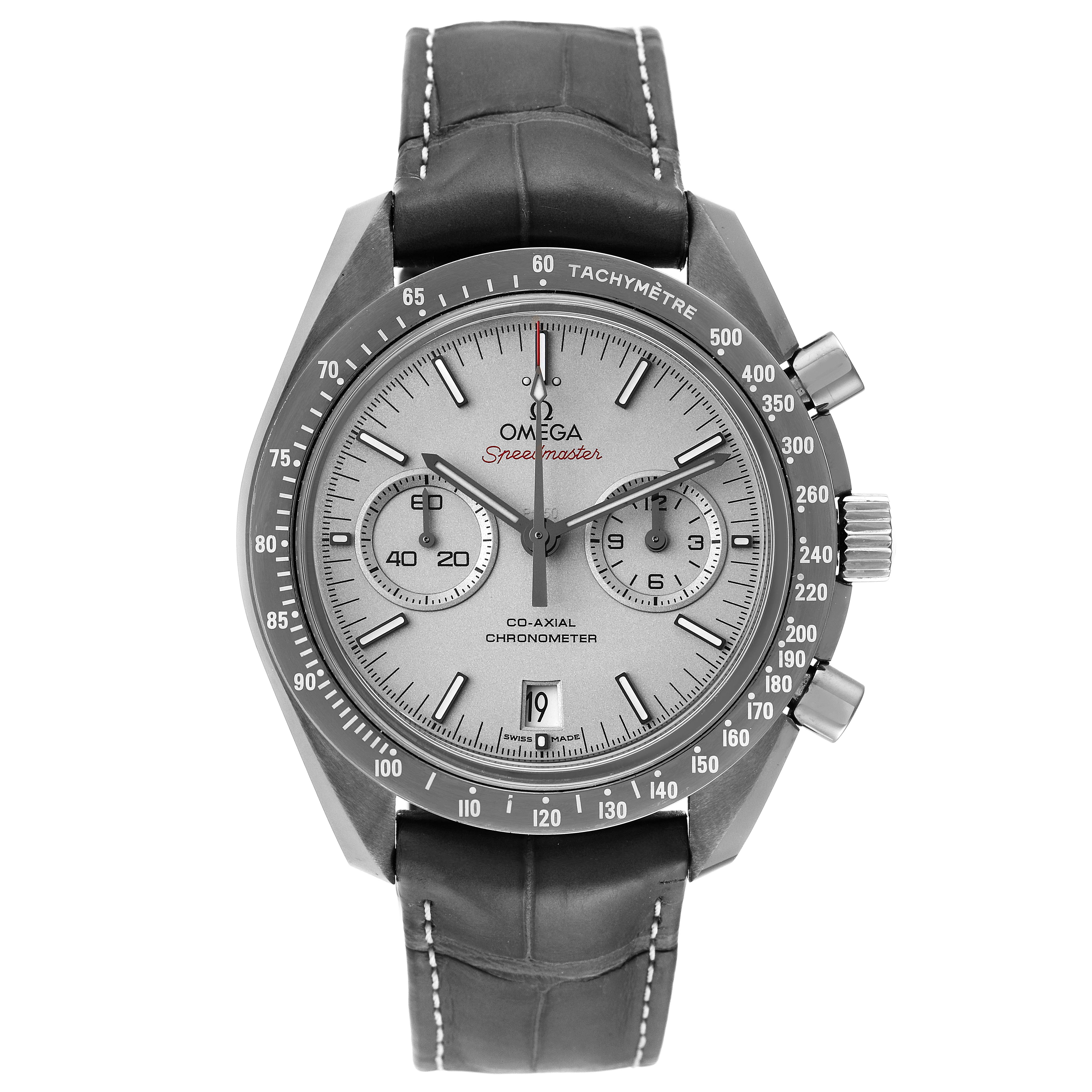 The image shows a frontal view of an Omega Speedmaster 311.93.44.51.99.001 Men's Ceramic Silver Dial 311.93.44.51.99.001 Men's Ceramic Silver Dial watch, displaying its face, bezel, crown, and leather strap.