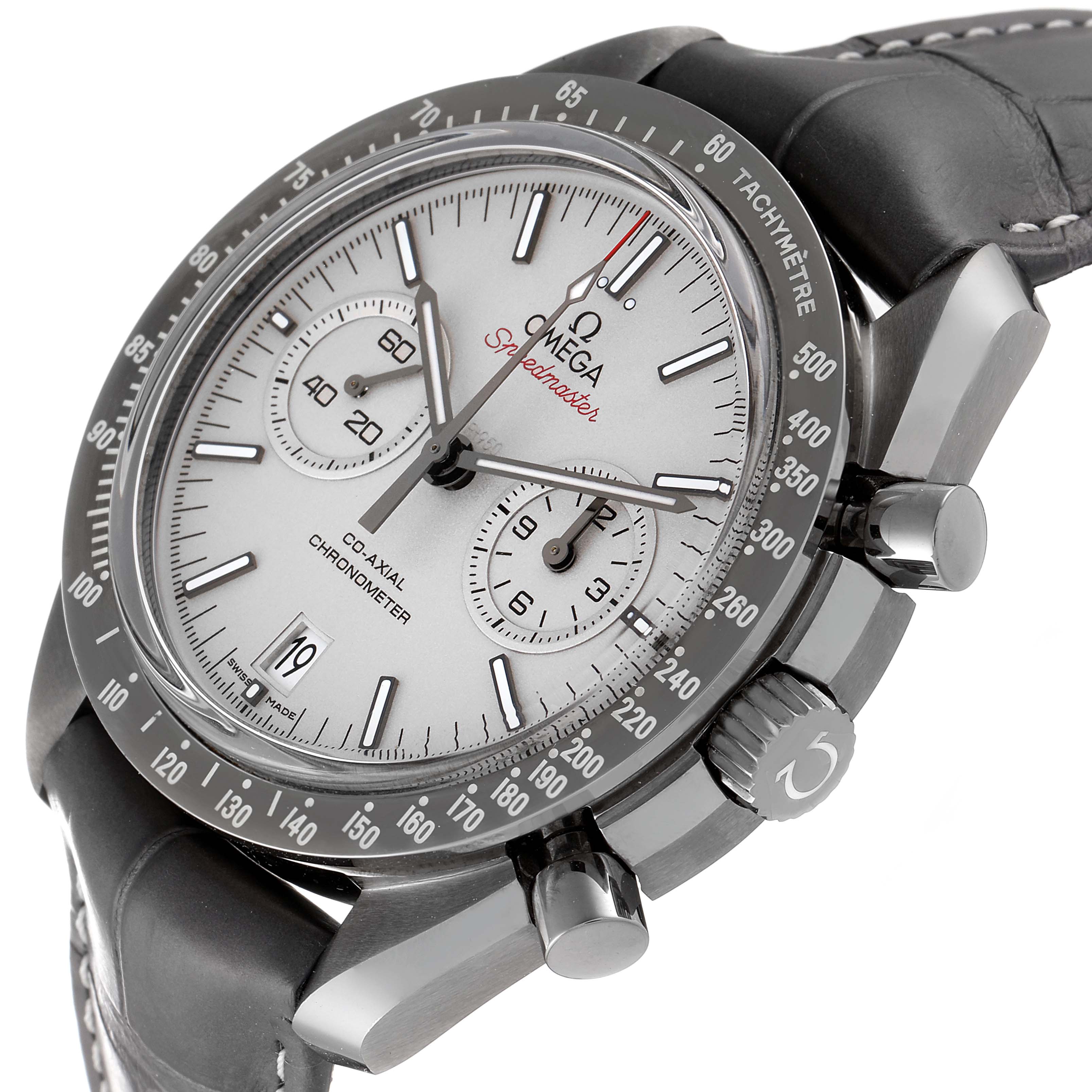 The Omega Speedmaster 311.93.44.51.99.001 Men's Ceramic Silver Dial 311.93.44.51.99.001 Men's Ceramic Silver Dial watch is shown from a three-quarter angle, displaying its face, bezel, crown, and leather strap.