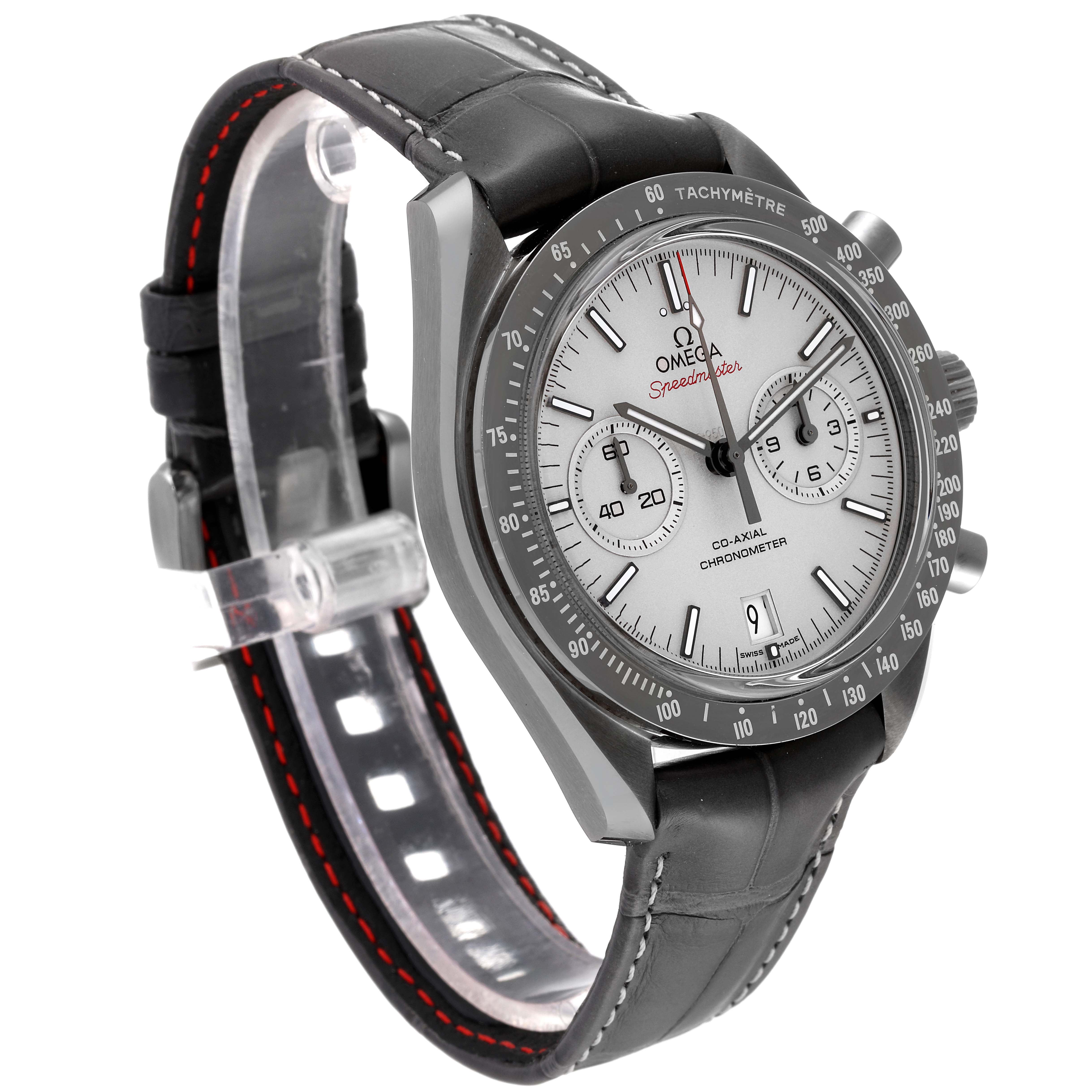 The image shows an angled front view of the Omega Speedmaster 311.93.44.51.99.001 Men's Ceramic Silver Dial 311.93.44.51.99.001 Men's Ceramic Silver Dial watch, highlighting its dial, bezel, and leather strap.