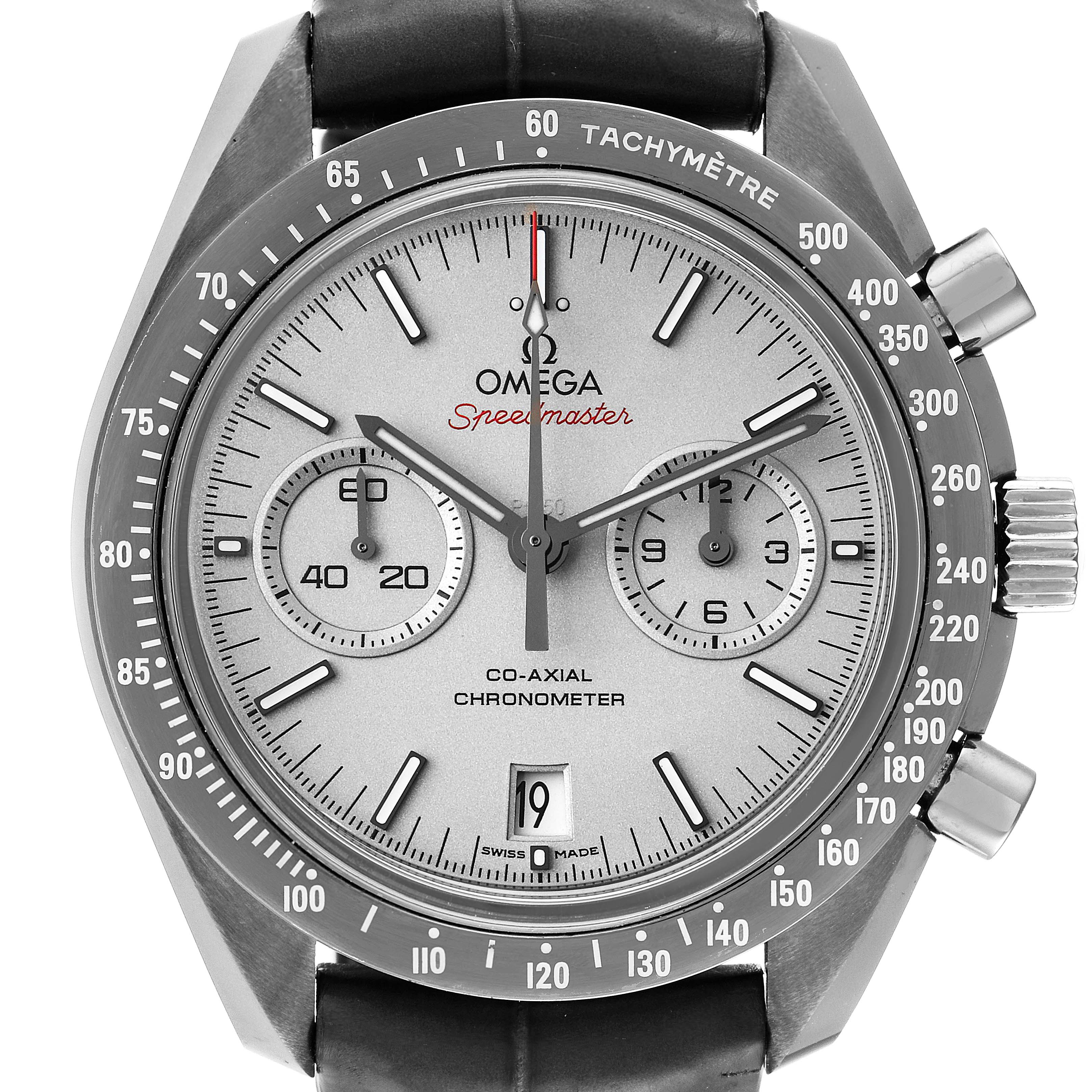 The image shows a front view of the Omega Speedmaster 311.93.44.51.99.001 Men's Ceramic Silver Dial 311.93.44.51.99.001 Men's Ceramic Silver Dial watch, displaying its face, bezel, and chronograph subdials.