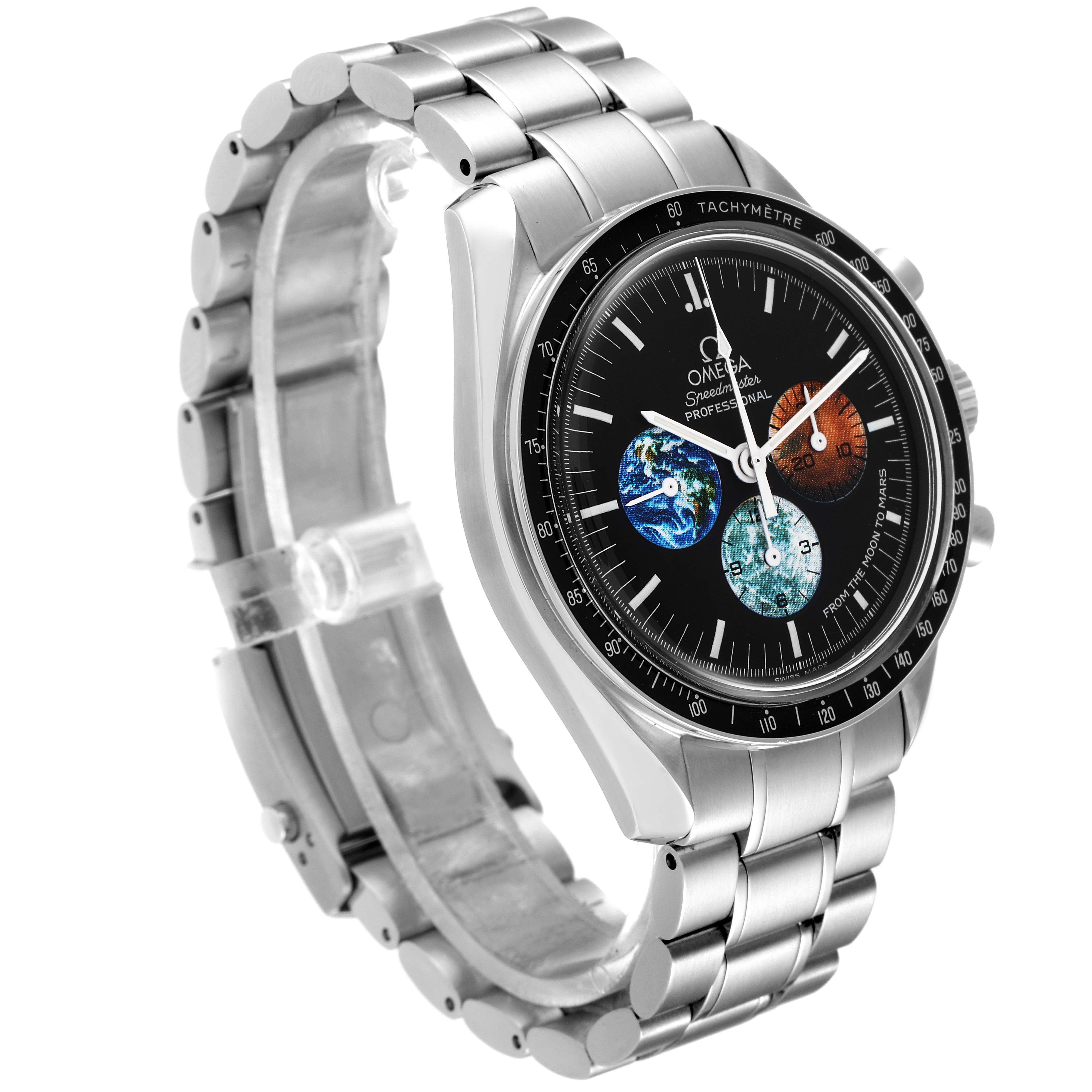 This image shows an Omega Speedmaster 3577.50.00 Men's Stainless Steel Black Dial 3577.50.00 Men's Stainless Steel Black Dial watch in a three-quarter angle, highlighting the dial, bezel, and bracelet.