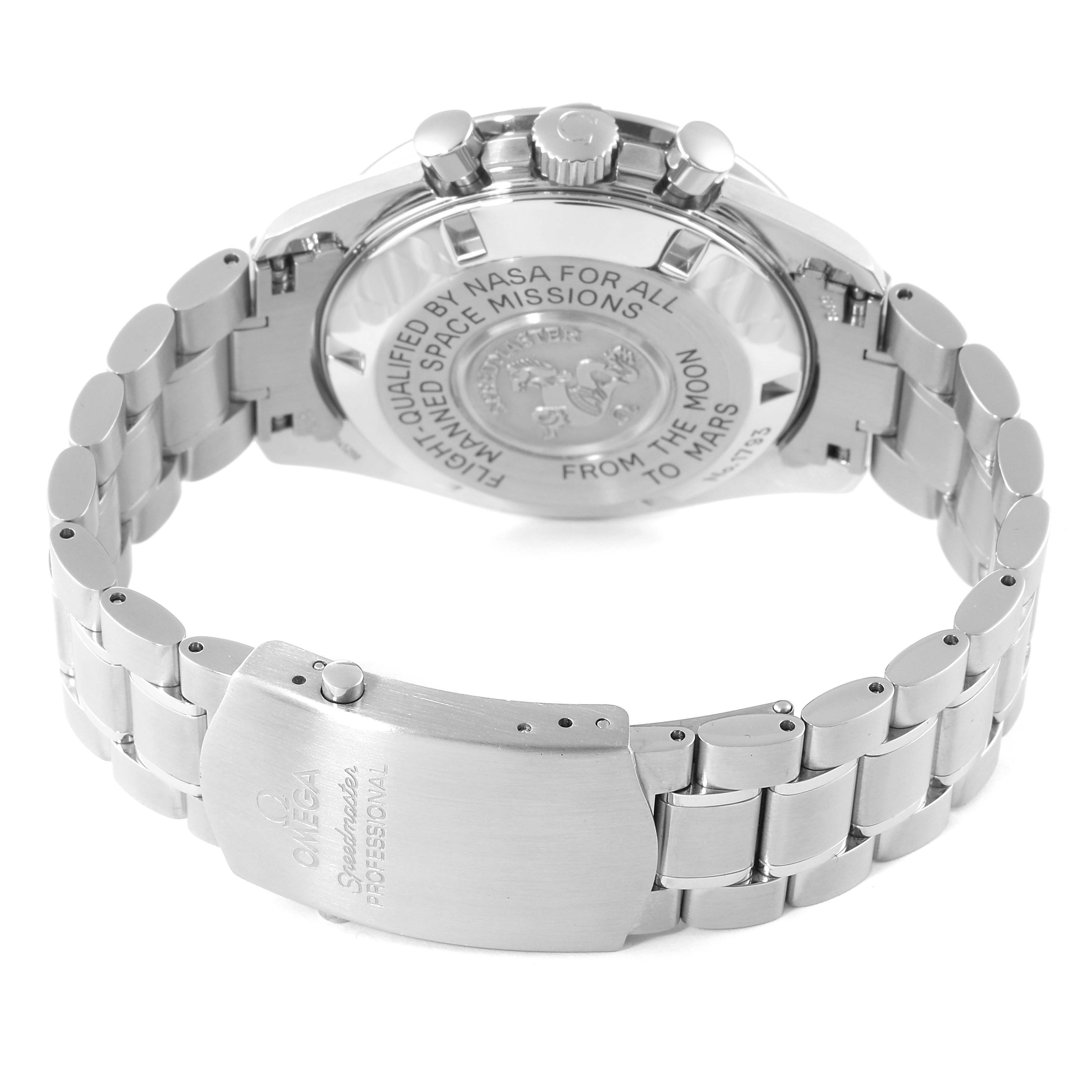 The image shows the back case and metal bracelet clasp of an Omega Speedmaster 3577.50.00 Men's Stainless Steel Black Dial 3577.50.00 Men's Stainless Steel Black Dial watch from a rear angle.