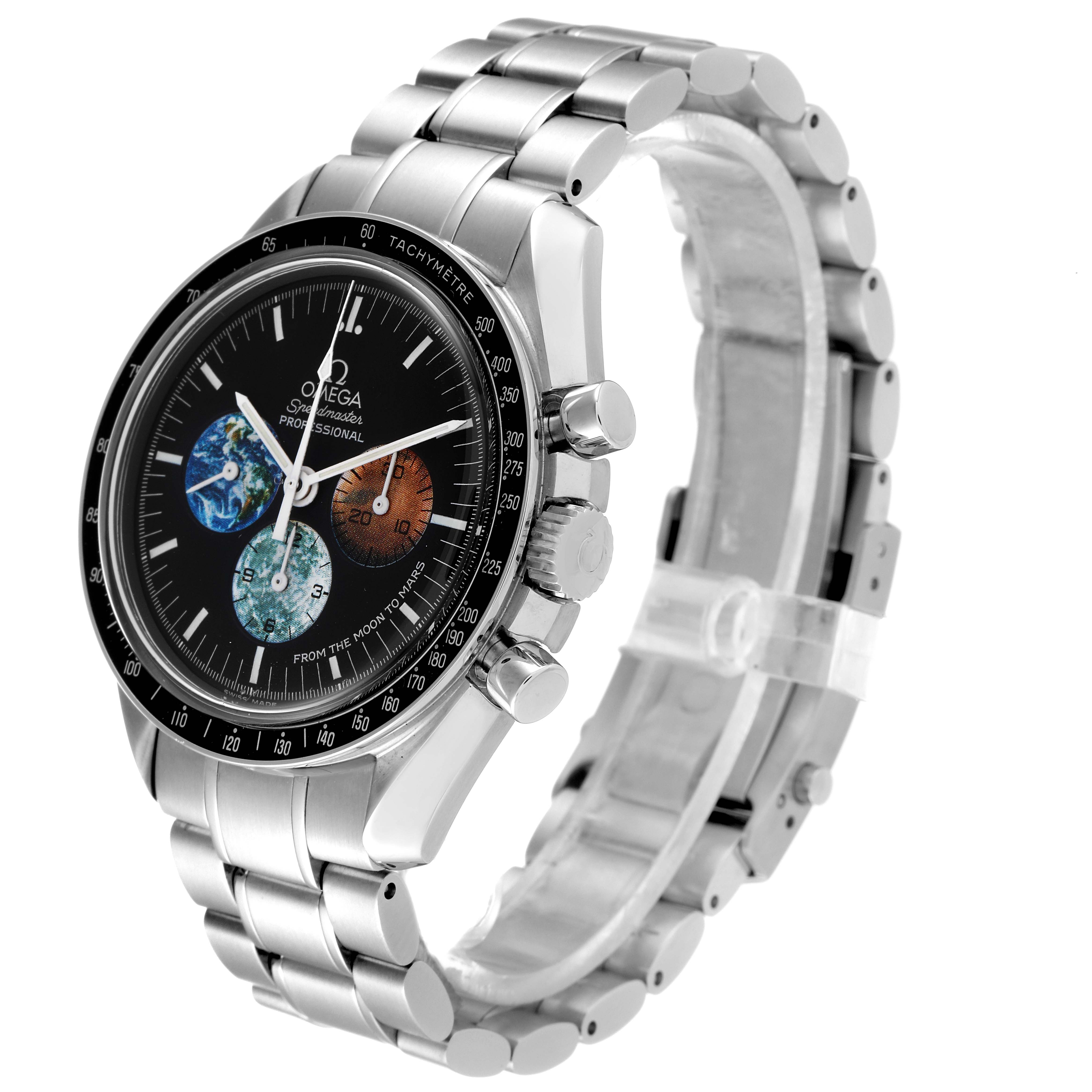 The image shows the Omega Speedmaster 3577.50.00 Men's Stainless Steel Black Dial 3577.50.00 Men's Stainless Steel Black Dial watch at a three-quarter angle, highlighting the face, bezel, crown, and metal bracelet.
