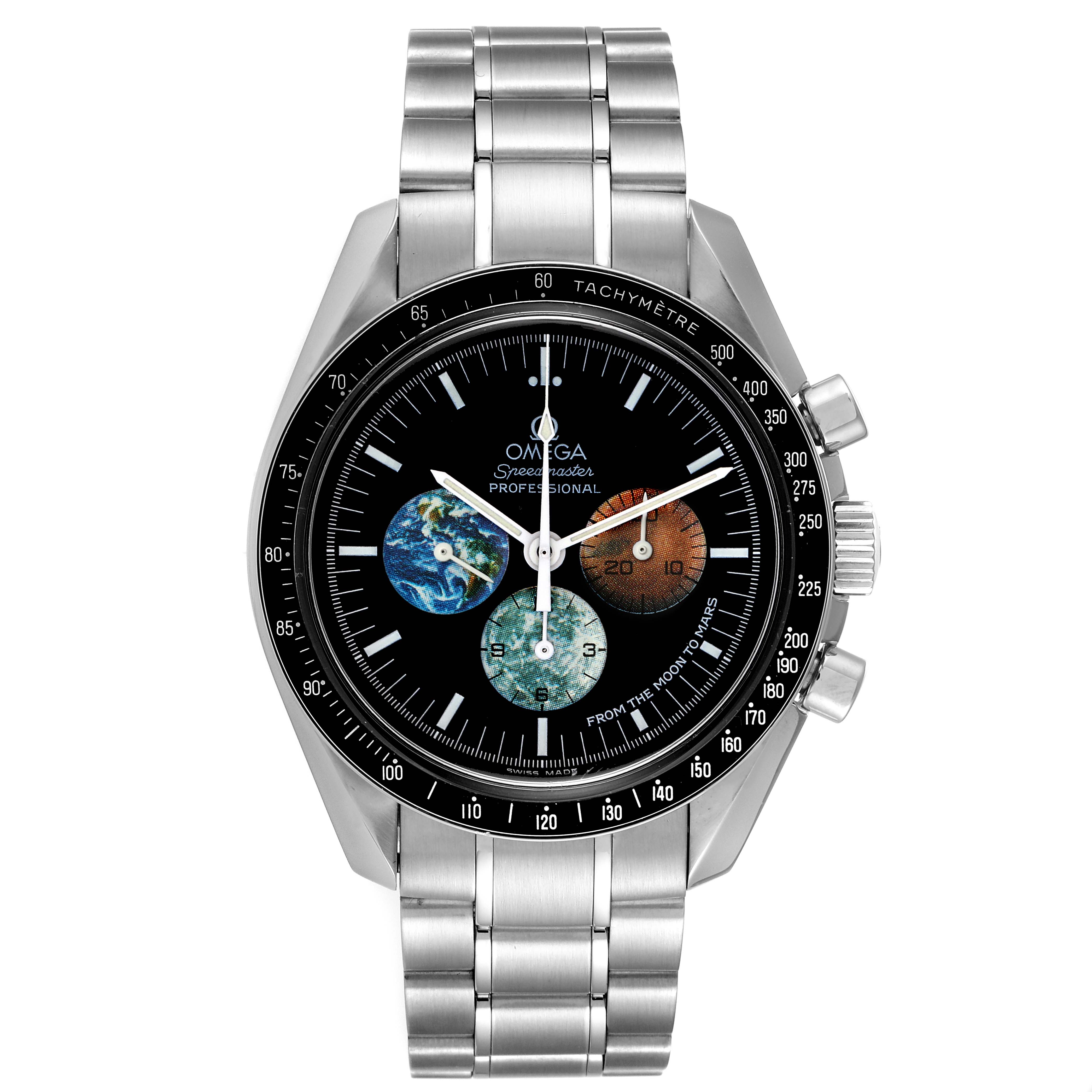 The image shows a frontal view of an Omega Speedmaster 3577.50.00 Men's Stainless Steel Black Dial 3577.50.00 Men's Stainless Steel Black Dial watch, displaying the dial, bezel, and metal bracelet.