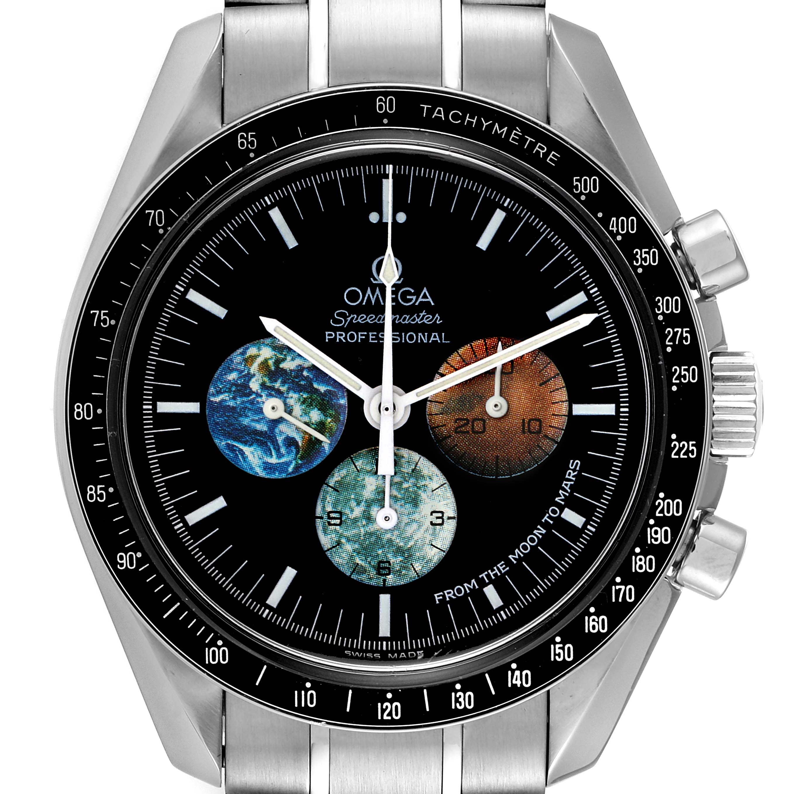 The image shows a frontal view of an Omega Speedmaster 3577.50.00 Men's Stainless Steel Black Dial 3577.50.00 Men's Stainless Steel Black Dial watch, displaying the dial and tachymeter bezel.
