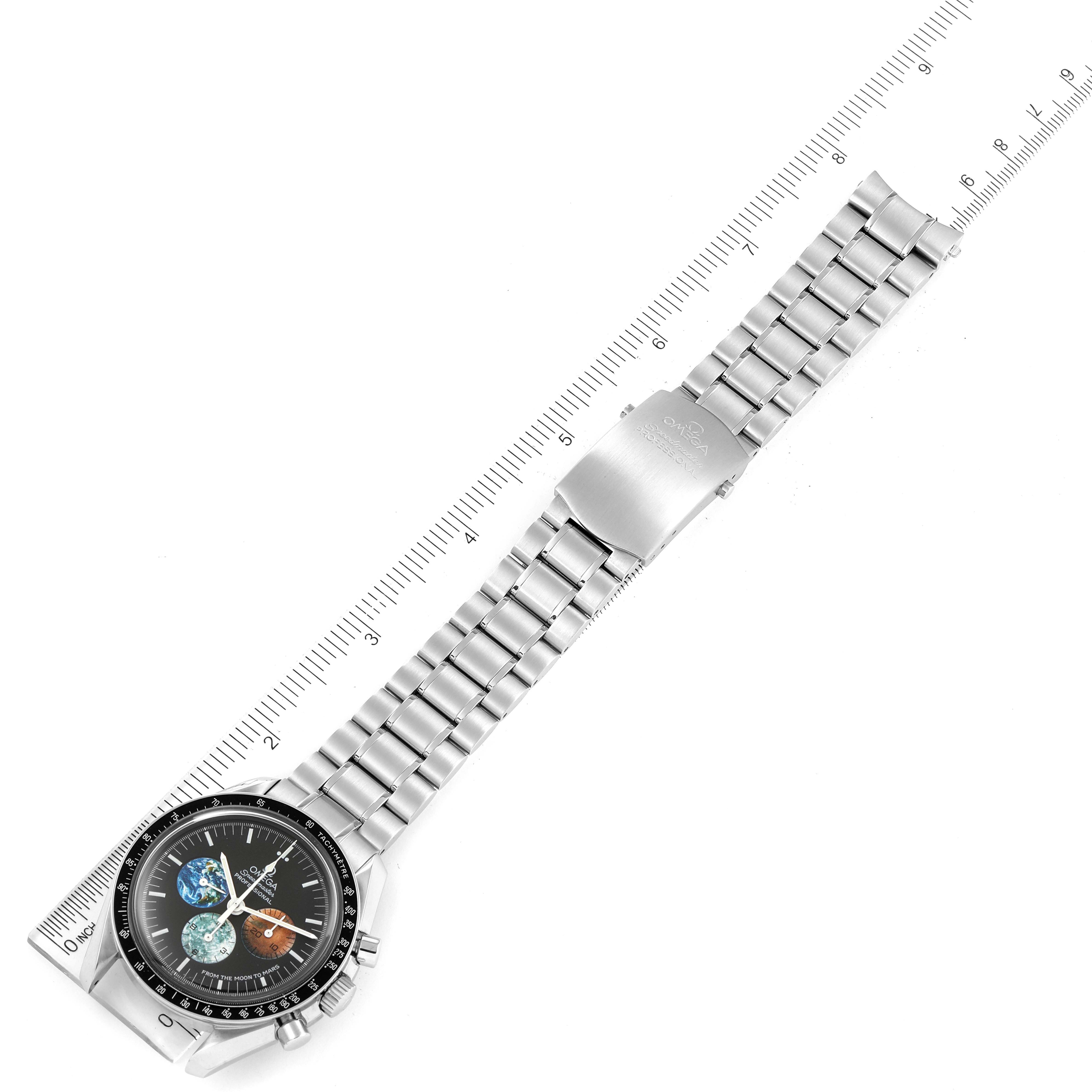 The image shows an Omega Speedmaster 3577.50.00 Men's Stainless Steel Black Dial 3577.50.00 Men's Stainless Steel Black Dial watch laid flat, angled diagonally, displaying the face, bezel, bracelet, and clasp.