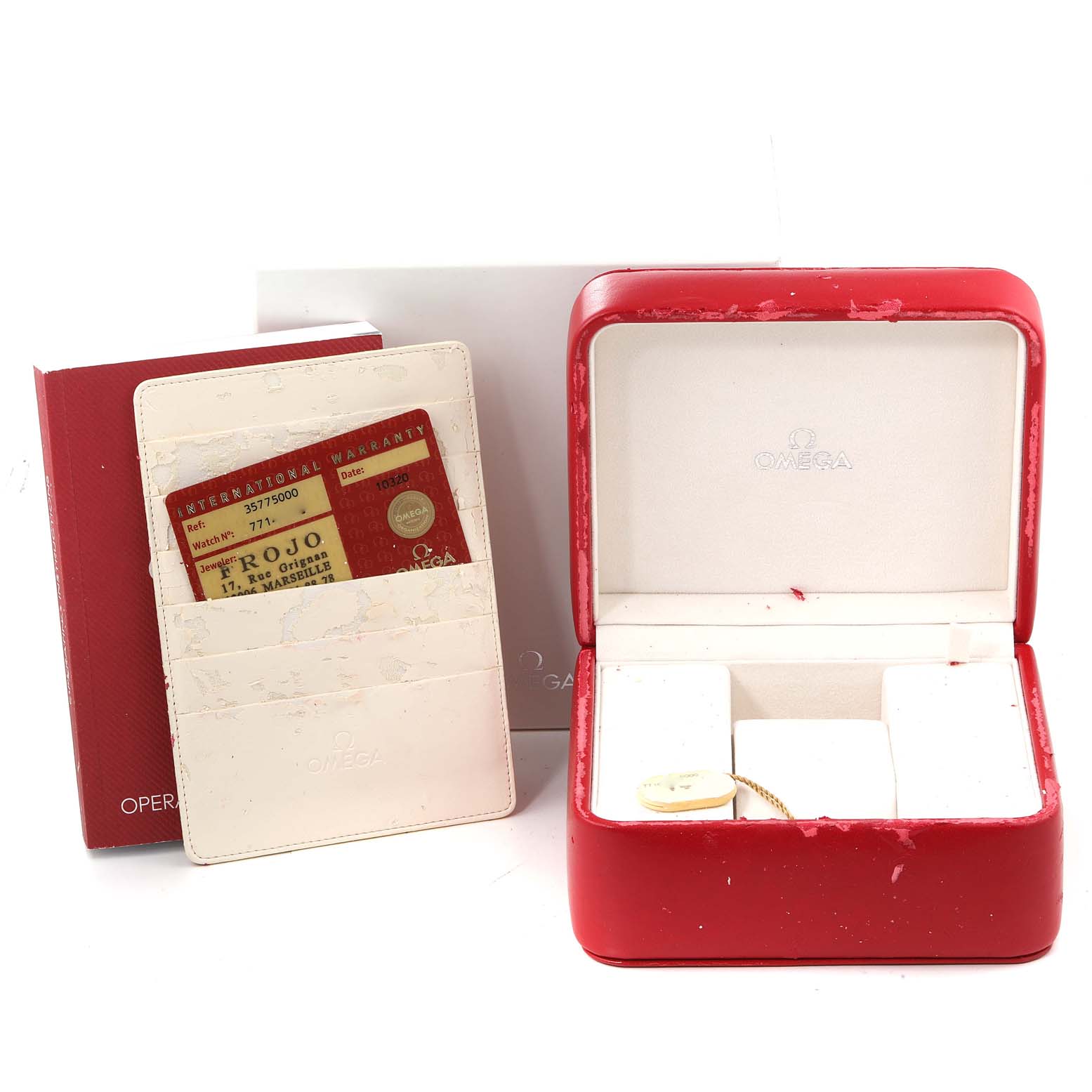 The image shows an Omega Speedmaster 3577.50.00 Men's Stainless Steel Black Dial 3577.50.00 Men's Stainless Steel Black Dial watch box set including an empty watch box, warranty card holder, and documents from a frontal angle.