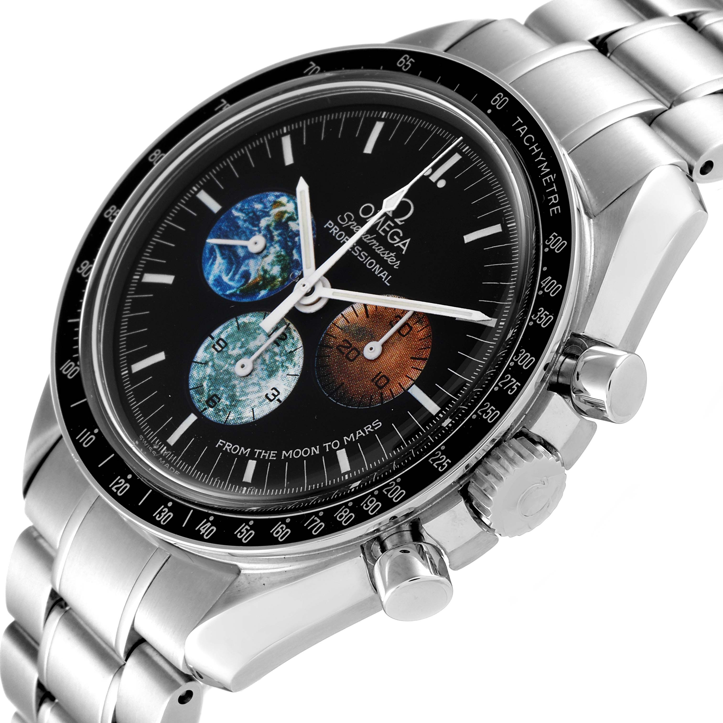 The image shows a side-angle view of the Omega Speedmaster 3577.50.00 Men's Stainless Steel Black Dial 3577.50.00 Men's Stainless Steel Black Dial, highlighting the dial and metal bracelet.