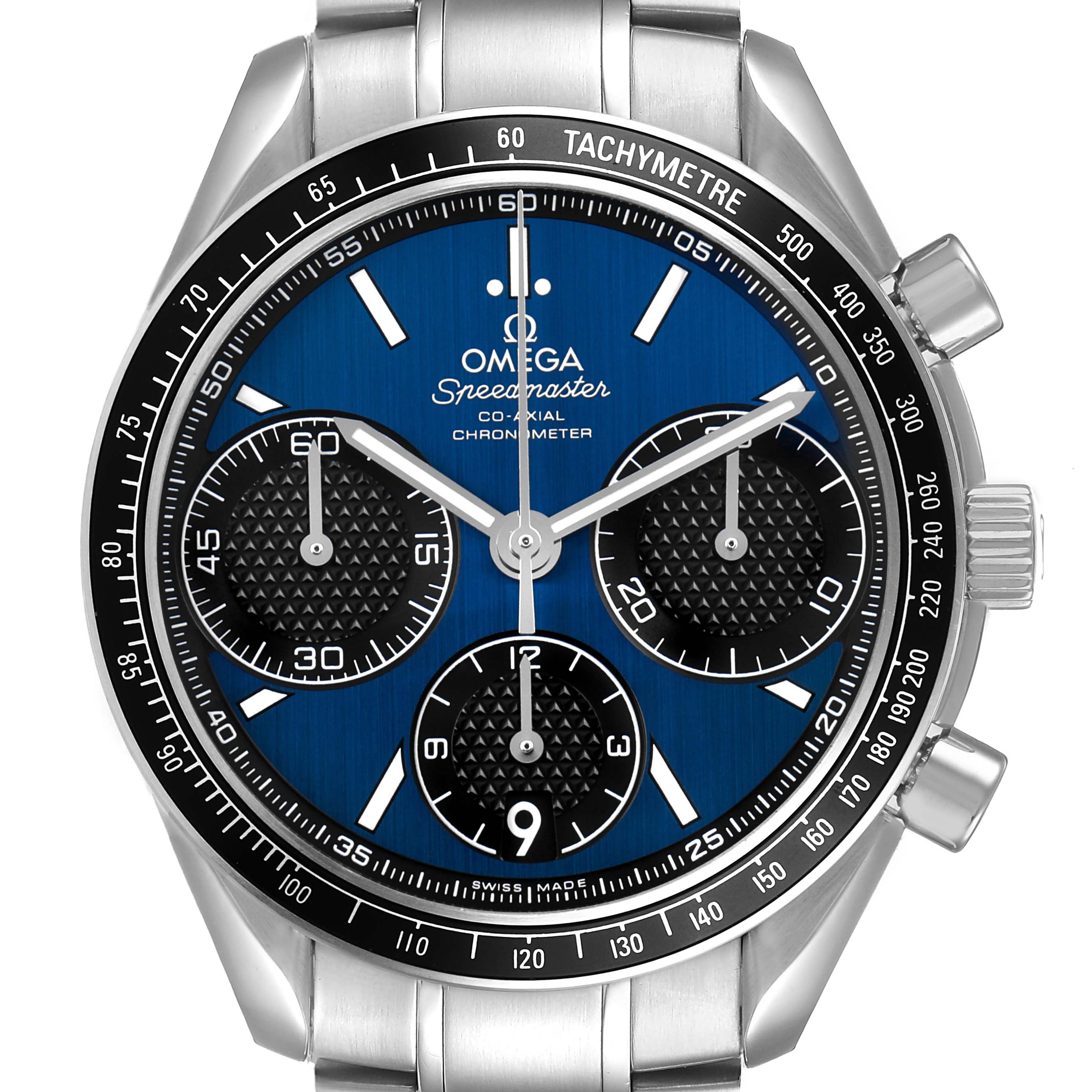 The Omega Speedmaster 326.30.40.50.03.001 Men's Stainless Steel Blue Dial watch is shown from the front, highlighting the dial, bezel, and chronograph subdials.