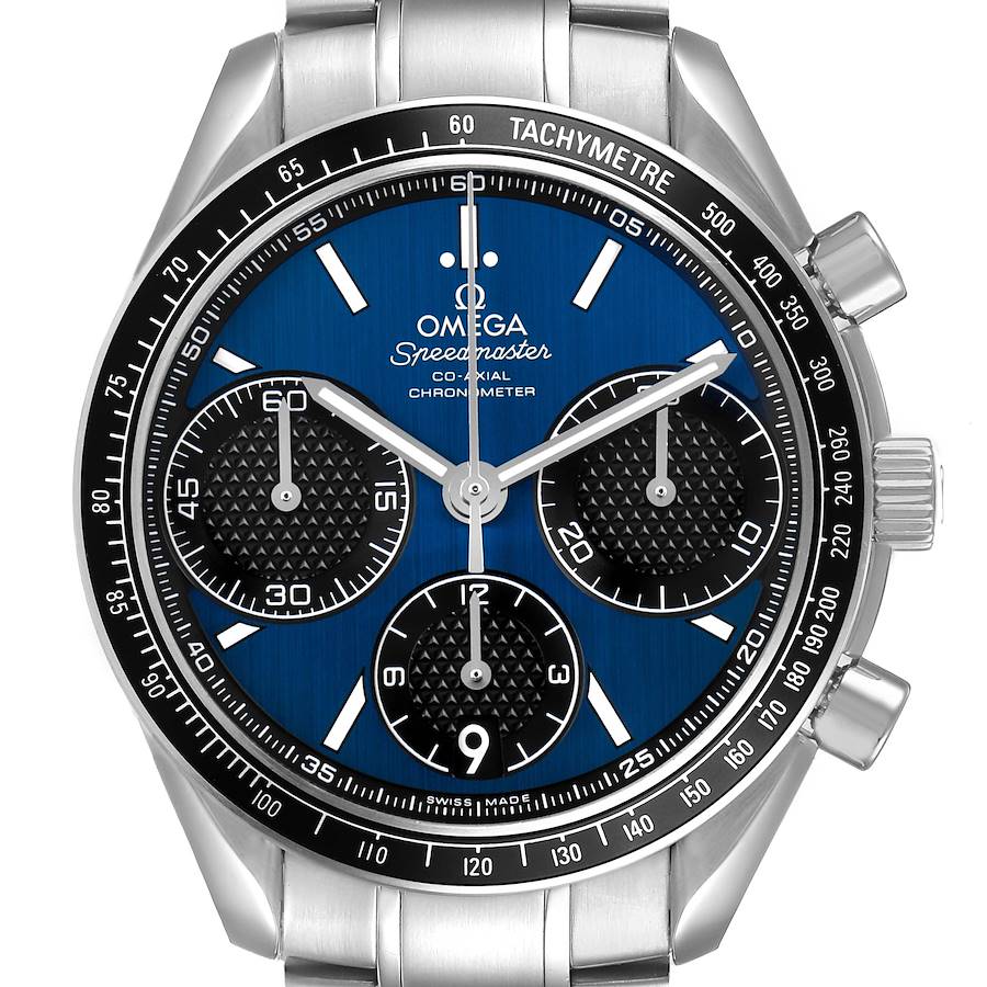 The Omega Speedmaster 326.30.40.50.03.001 Men's Stainless Steel Blue Dial watch is shown from the front, highlighting the dial, bezel, and chronograph subdials.