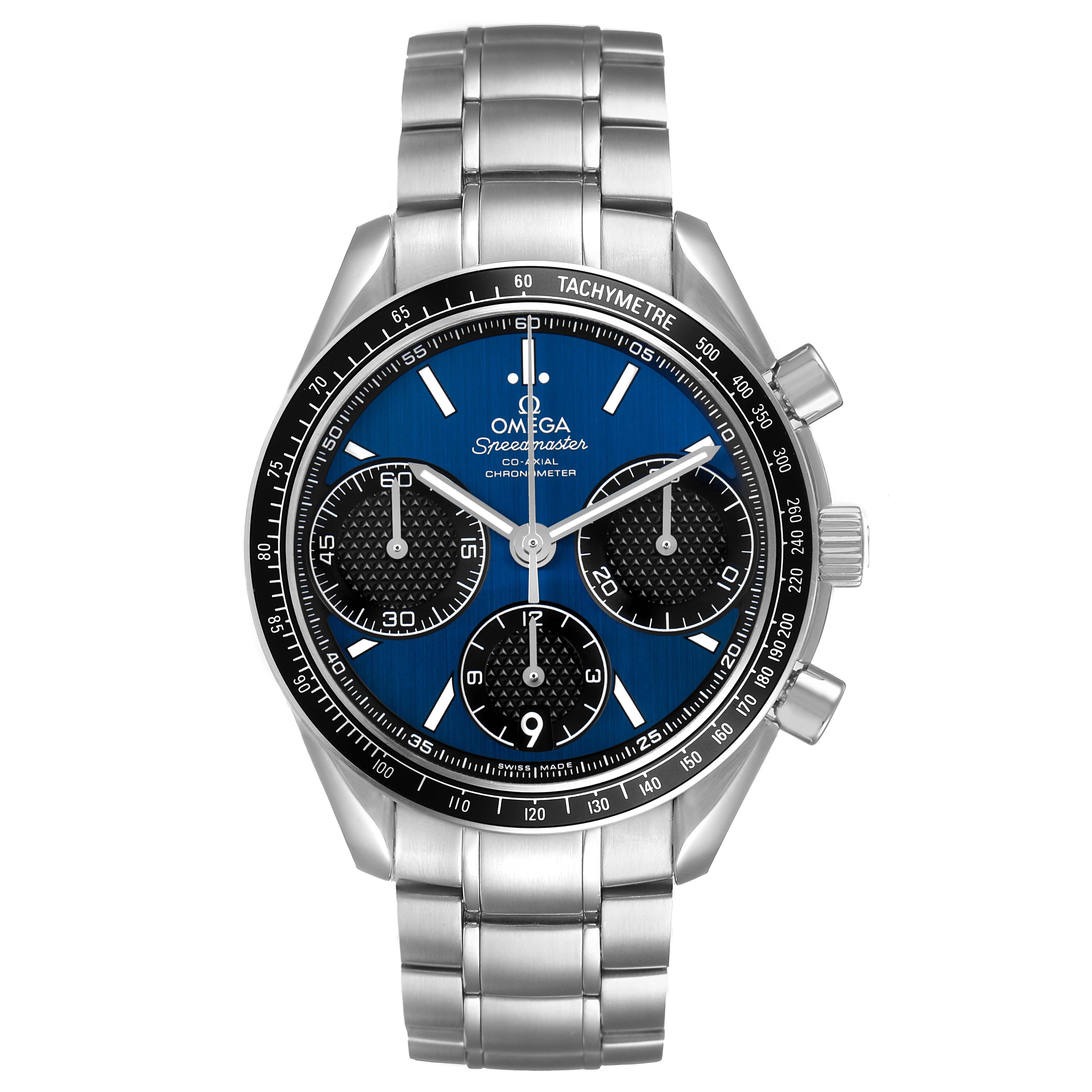 The Omega Speedmaster 326.30.40.50.03.001 Men's Stainless Steel Blue Dial watch is shown from a front angle, displaying the dial, bezel, and bracelet.