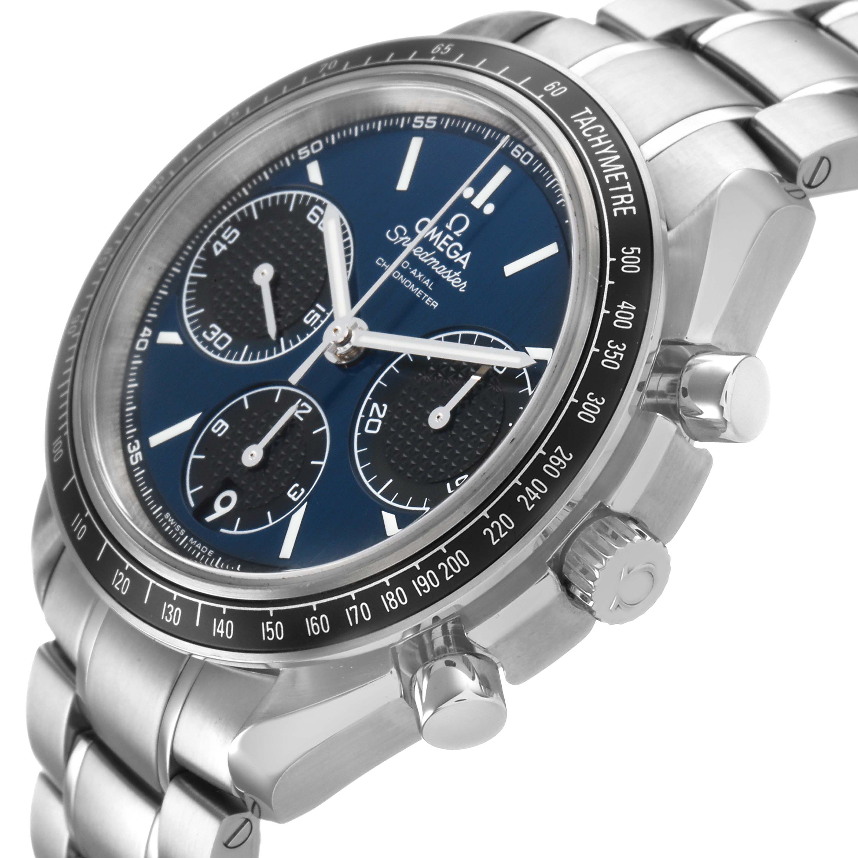 The Omega Speedmaster 326.30.40.50.03.001 Men's Stainless Steel Blue Dial watch is shown at a three-quarter angle, highlighting the face, tachymetre, and side pushers.