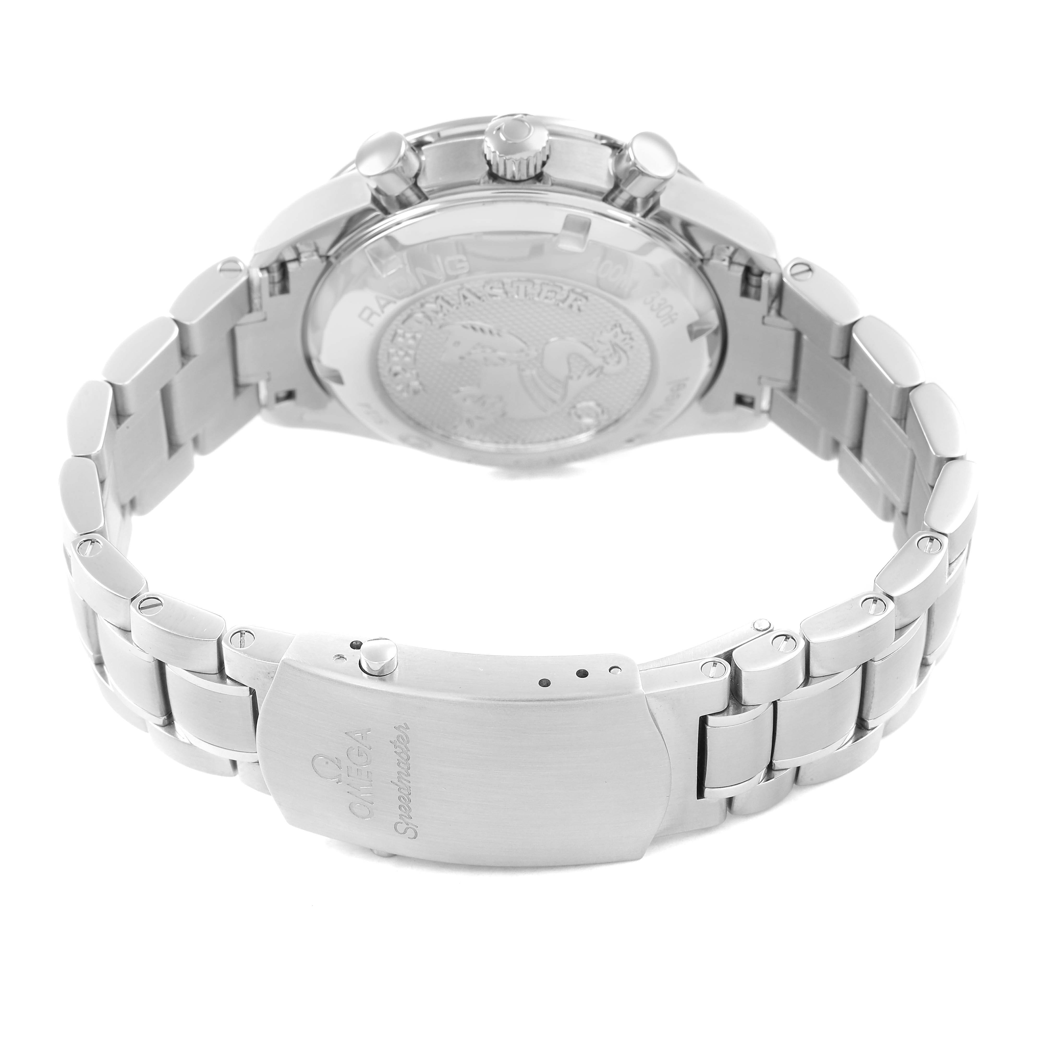 The image shows the Omega Speedmaster 326.30.40.50.03.001 Men's Stainless Steel Blue Dial watch from a rear angle, highlighting the clasp, case back, and stainless steel bracelet.