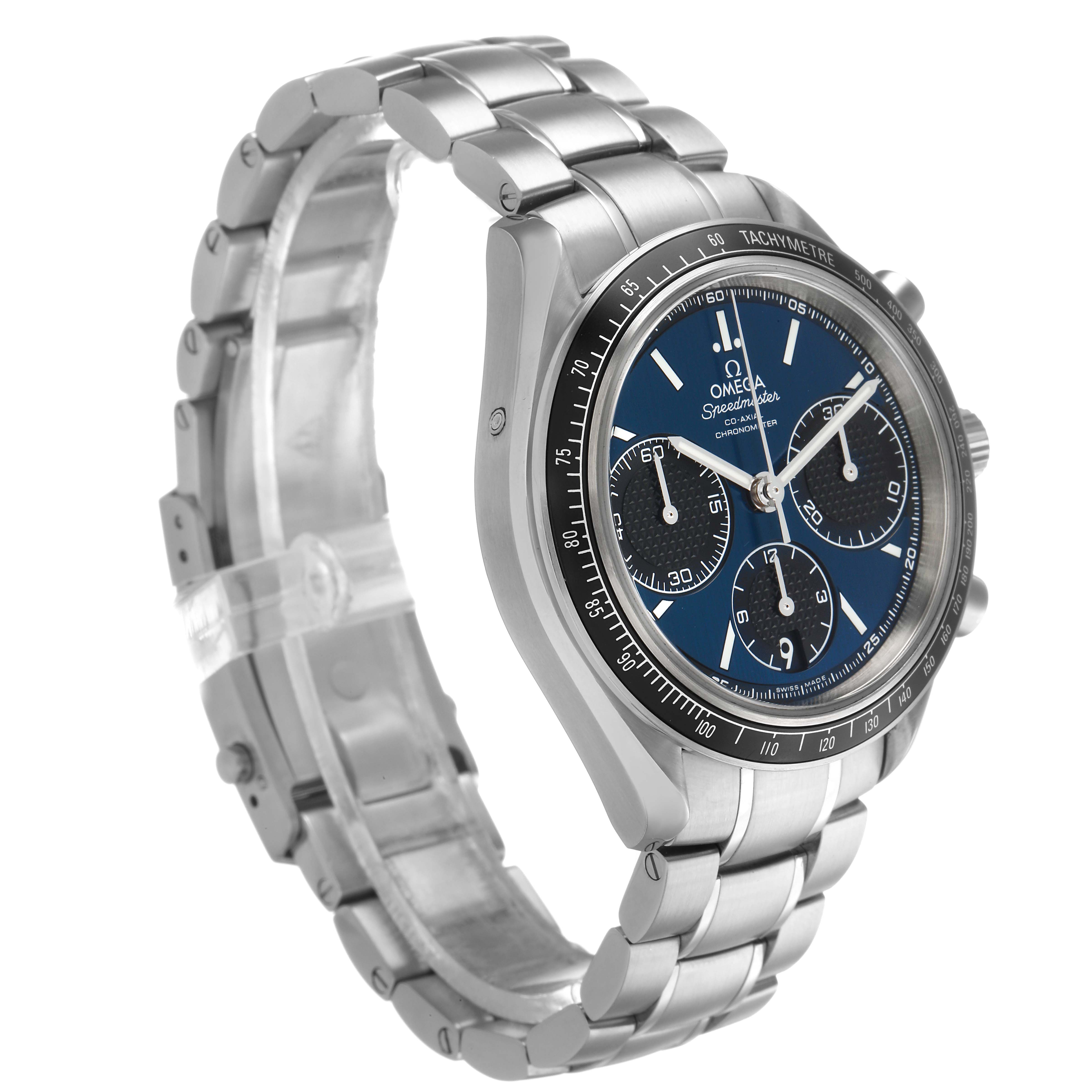This Omega Speedmaster 326.30.40.50.03.001 Men's Stainless Steel Blue Dial watch is angled to show the front face, bezel, and part of the stainless steel bracelet.