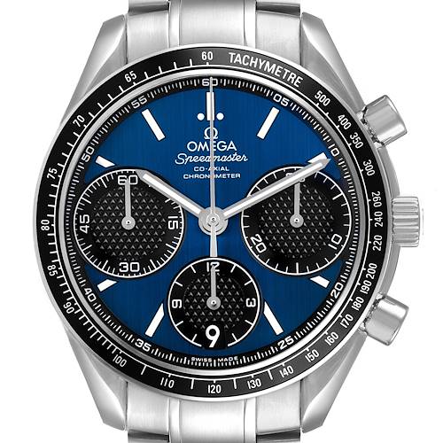 The Omega Speedmaster 326.30.40.50.03.001 Men's Stainless Steel Blue Dial watch is shown from a front angle, displaying its dial, subdials, hands, bezel, crown, and lugs.