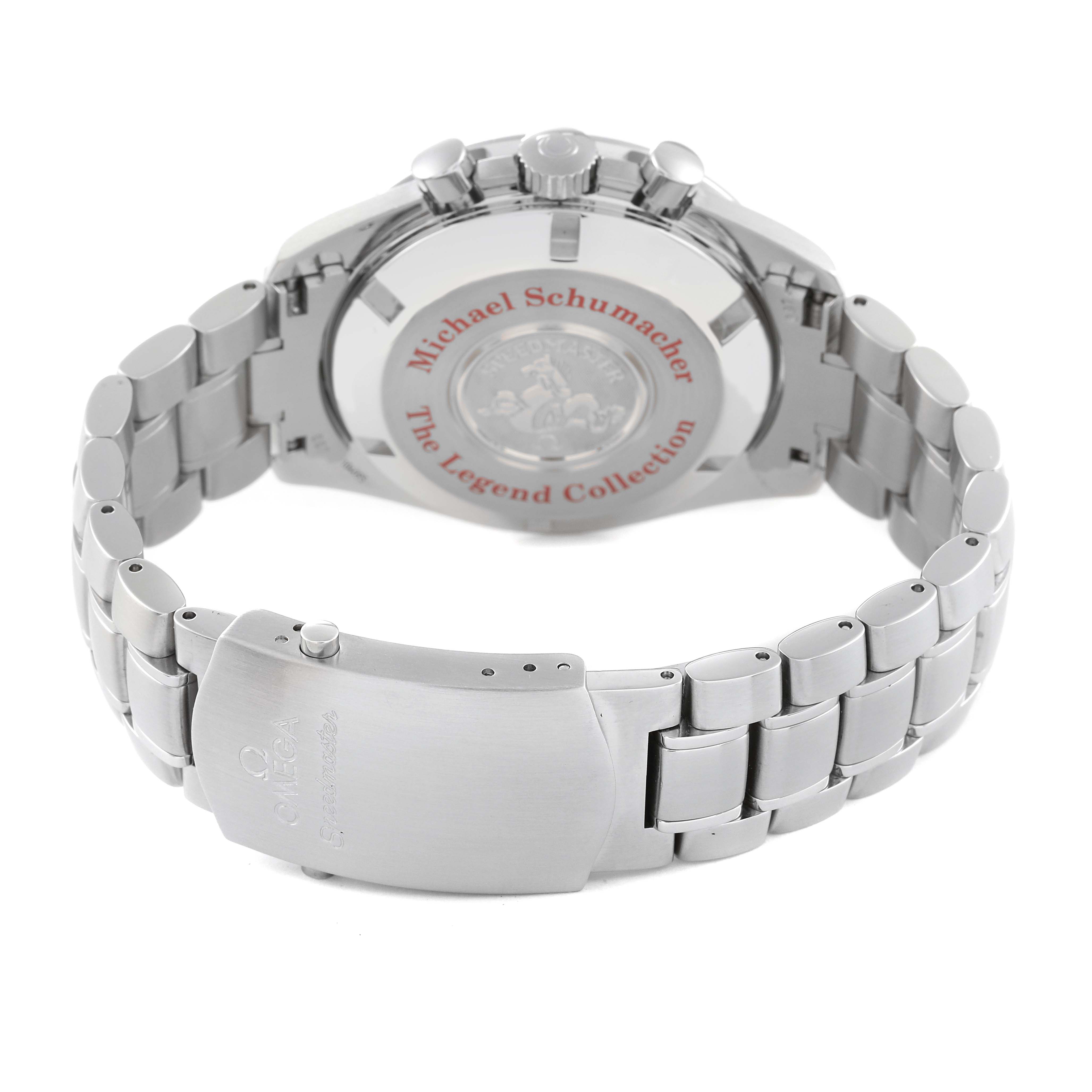 The image shows the back view of an Omega Speedmaster 3506.61.00 Men's Stainless Steel Red Dial 3506.61.00 Men's Stainless Steel Red Dial watch, highlighting the case back, bracelet, and clasp.