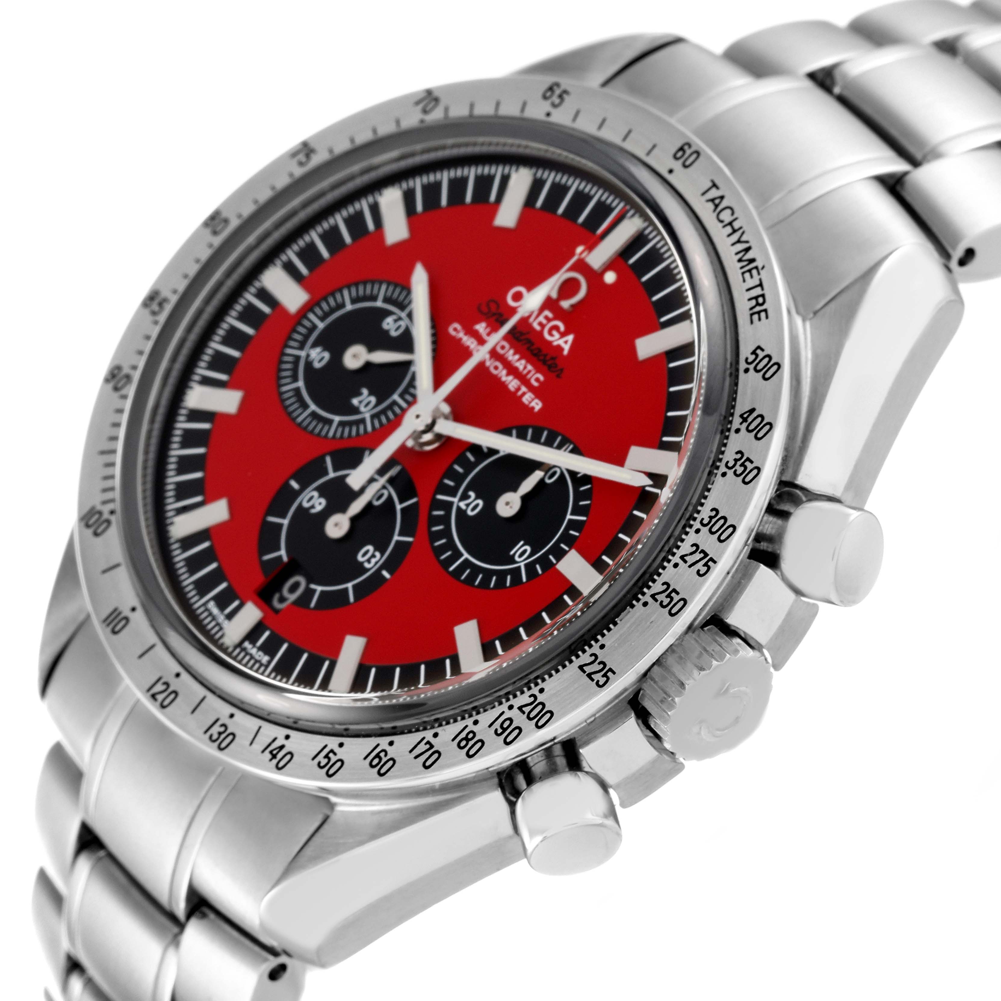 The image shows a close-up, angled view of an Omega Speedmaster 3506.61.00 Men's Stainless Steel Red Dial 3506.61.00 Men's Stainless Steel Red Dial watch, focusing on its dial, bezel, and part of the bracelet.