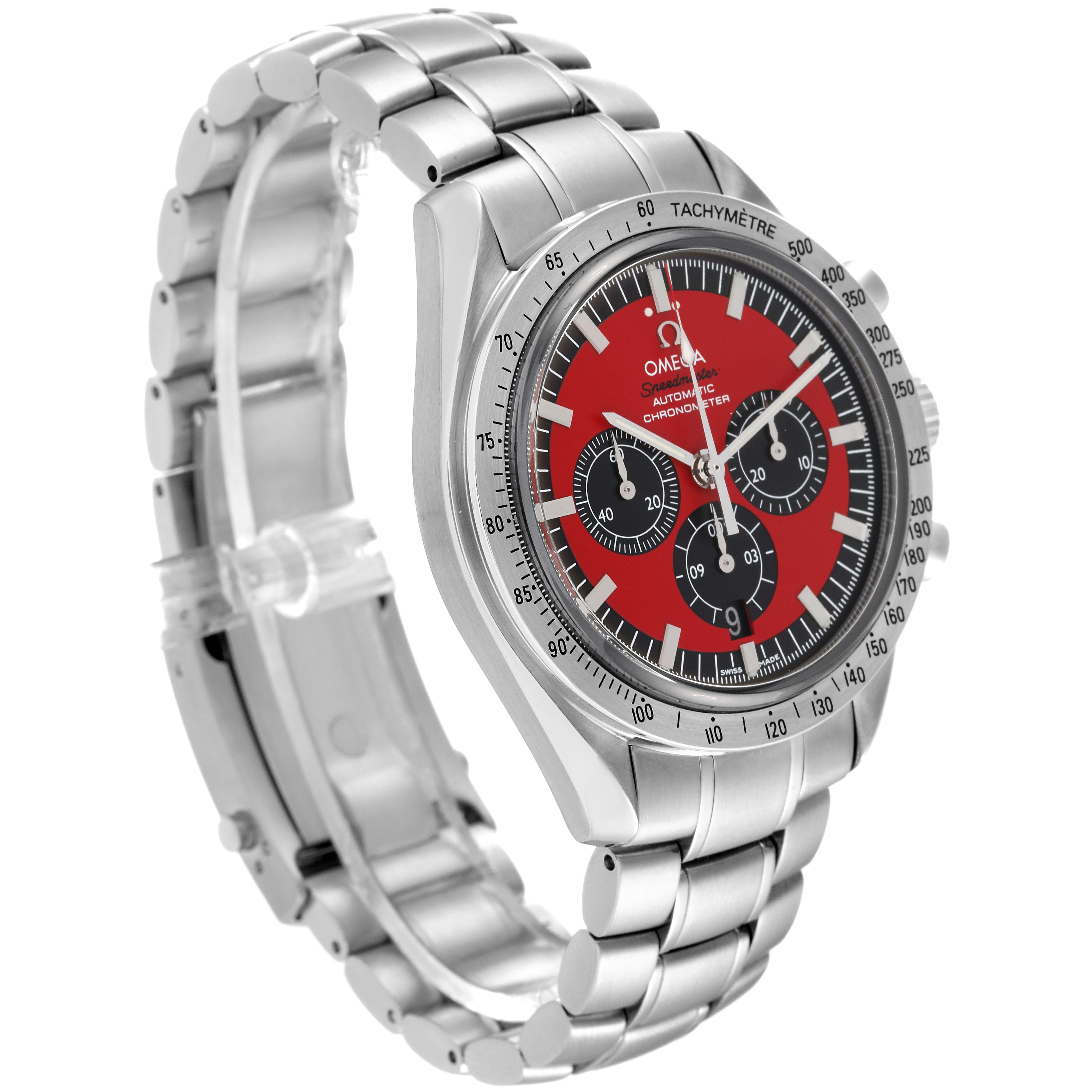The Omega Speedmaster 3506.61.00 Men's Stainless Steel Red Dial 3506.61.00 Men's Stainless Steel Red Dial watch is shown from a front-side angle, displaying its red dial, tachymeter bezel, and metal bracelet.