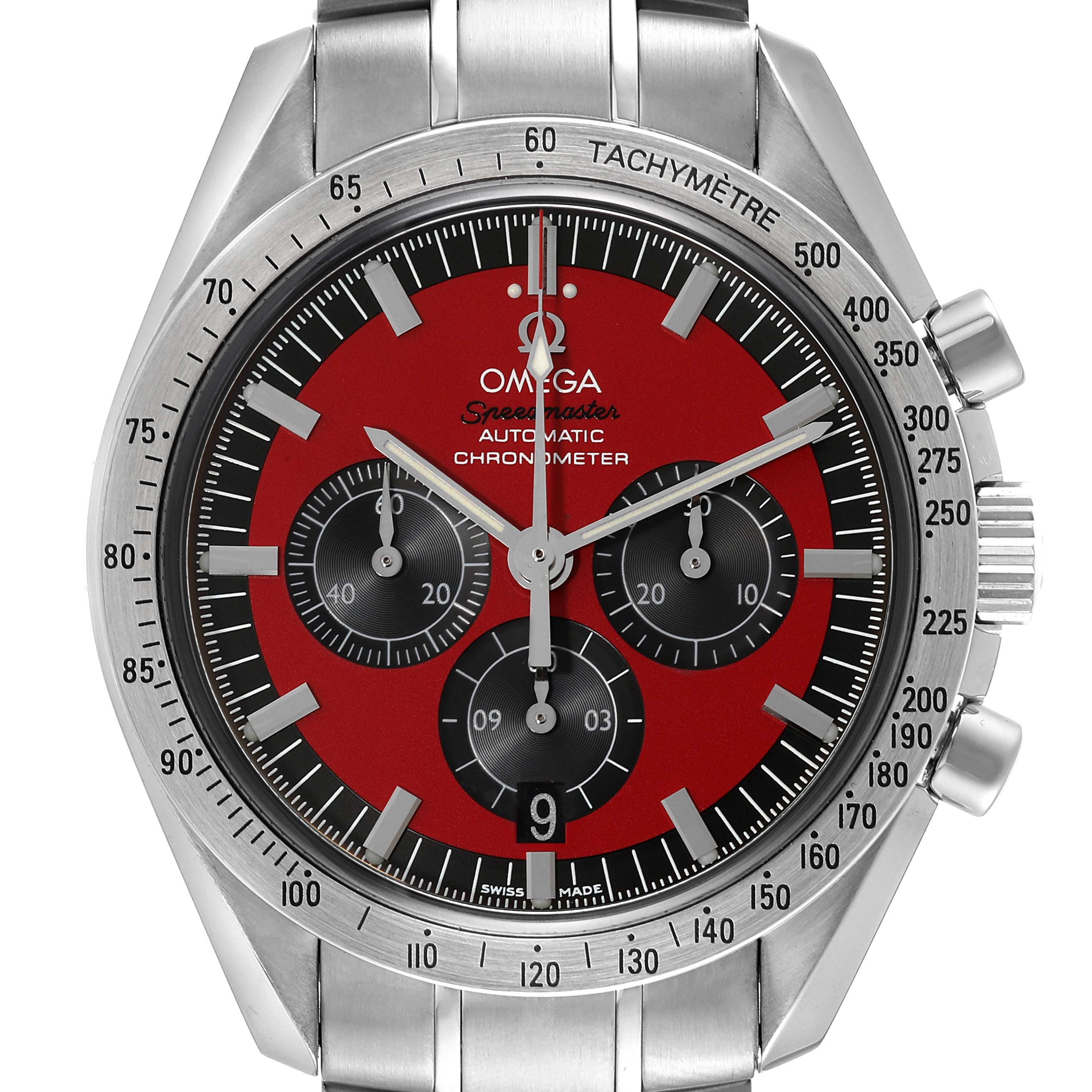 The image shows a front view of an Omega Speedmaster 3506.61.00 Men's Stainless Steel Red Dial 3506.61.00 Men's Stainless Steel Red Dial watch featuring a red dial and tachymeter bezel.