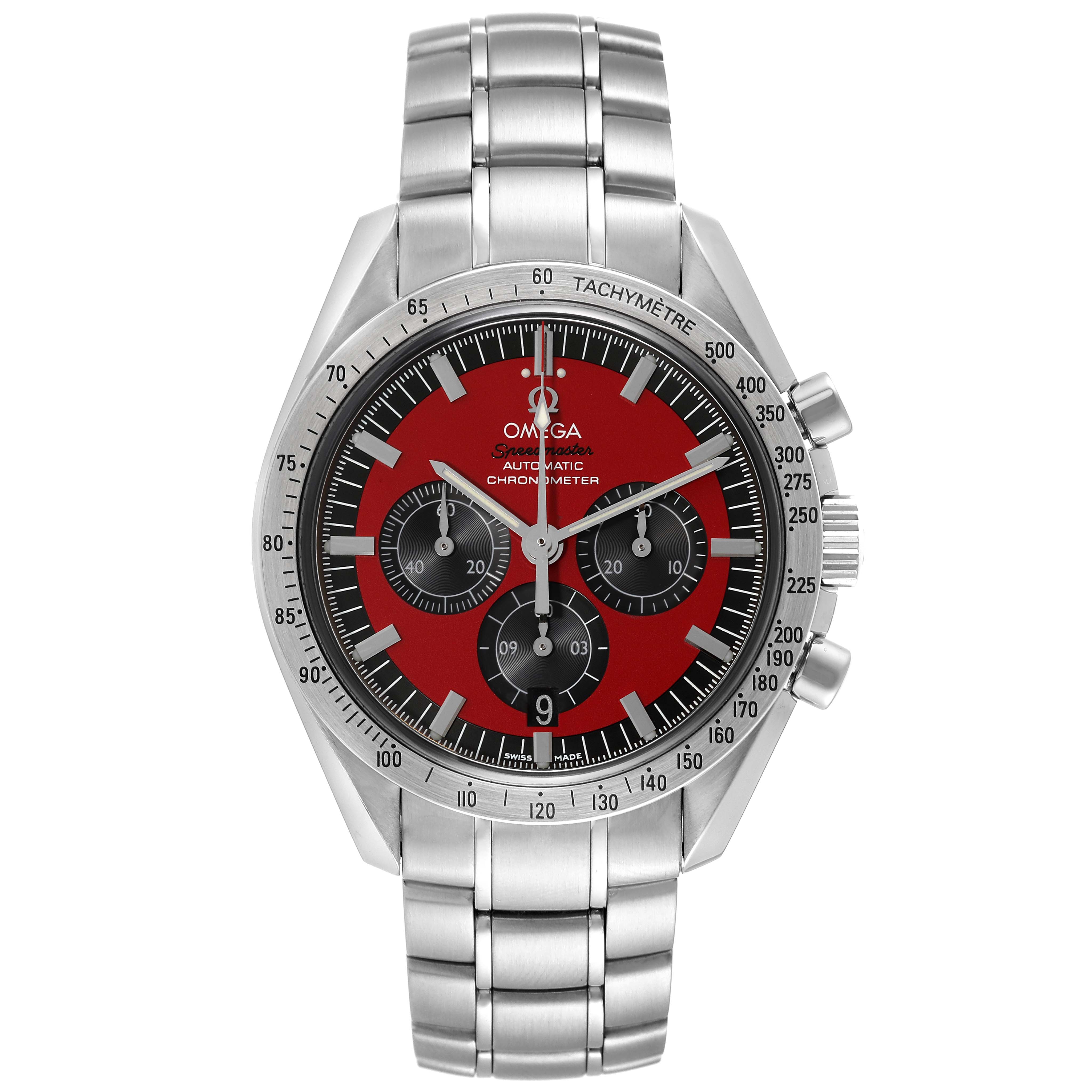The image shows a front view of an Omega Speedmaster 3506.61.00 Men's Stainless Steel Red Dial 3506.61.00 Men's Stainless Steel Red Dial watch with a red dial and stainless steel bracelet.