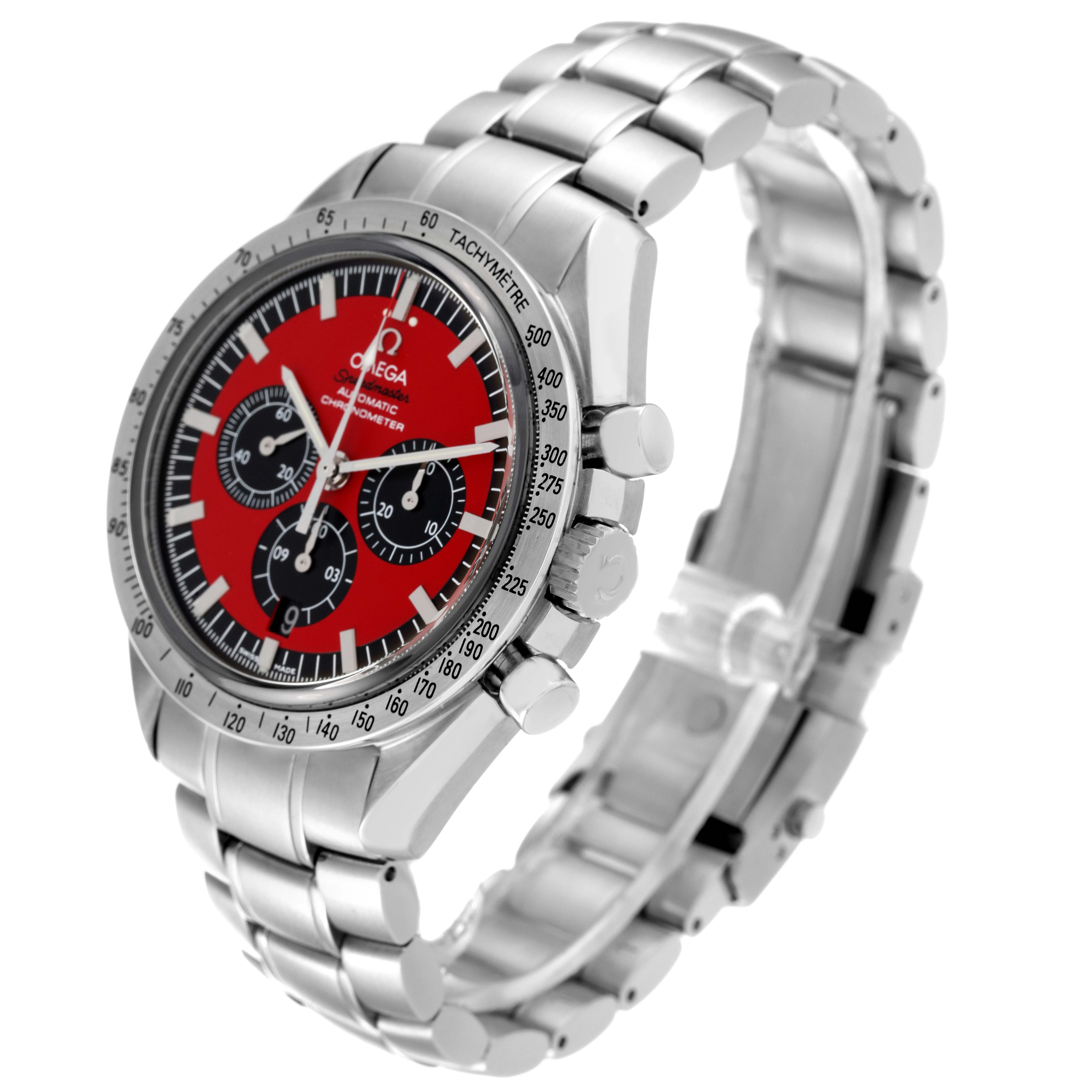 The Omega Speedmaster 3506.61.00 Men's Stainless Steel Red Dial 3506.61.00 Men's Stainless Steel Red Dial watch is shown at a three-quarter angle, highlighting its red dial, tachymeter, subdials, and stainless steel band.