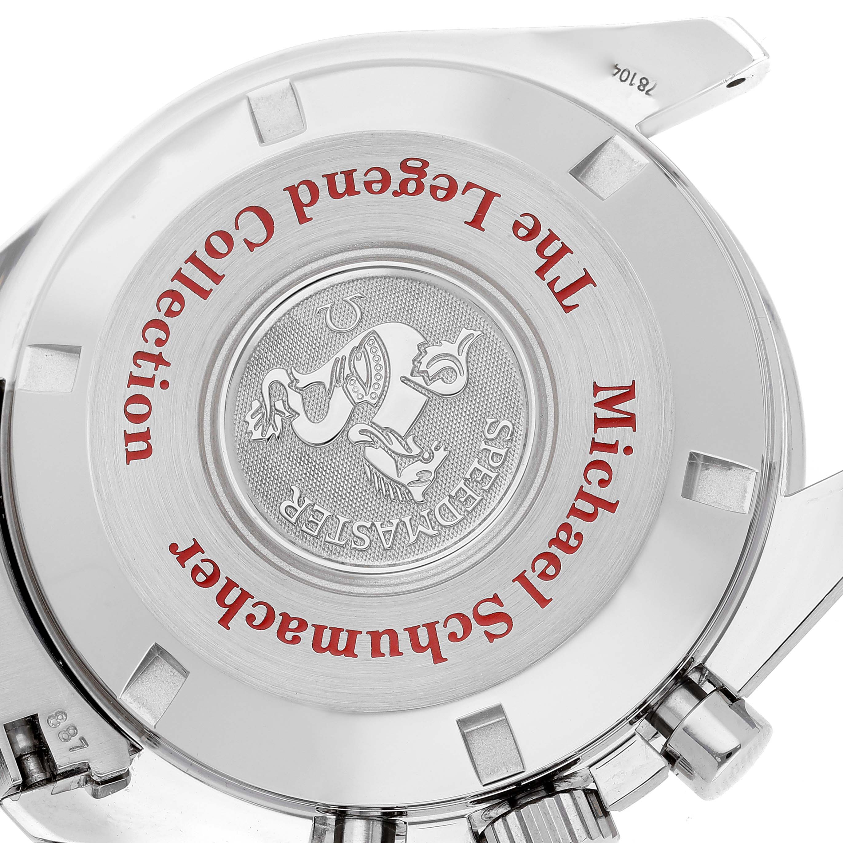 This image shows the back case of the Omega Speedmaster 3506.61.00 Men's Stainless Steel Red Dial 3506.61.00 Men's Stainless Steel Red Dial Michael Schumacher Legend Collection watch, highlighting the special engraving.
