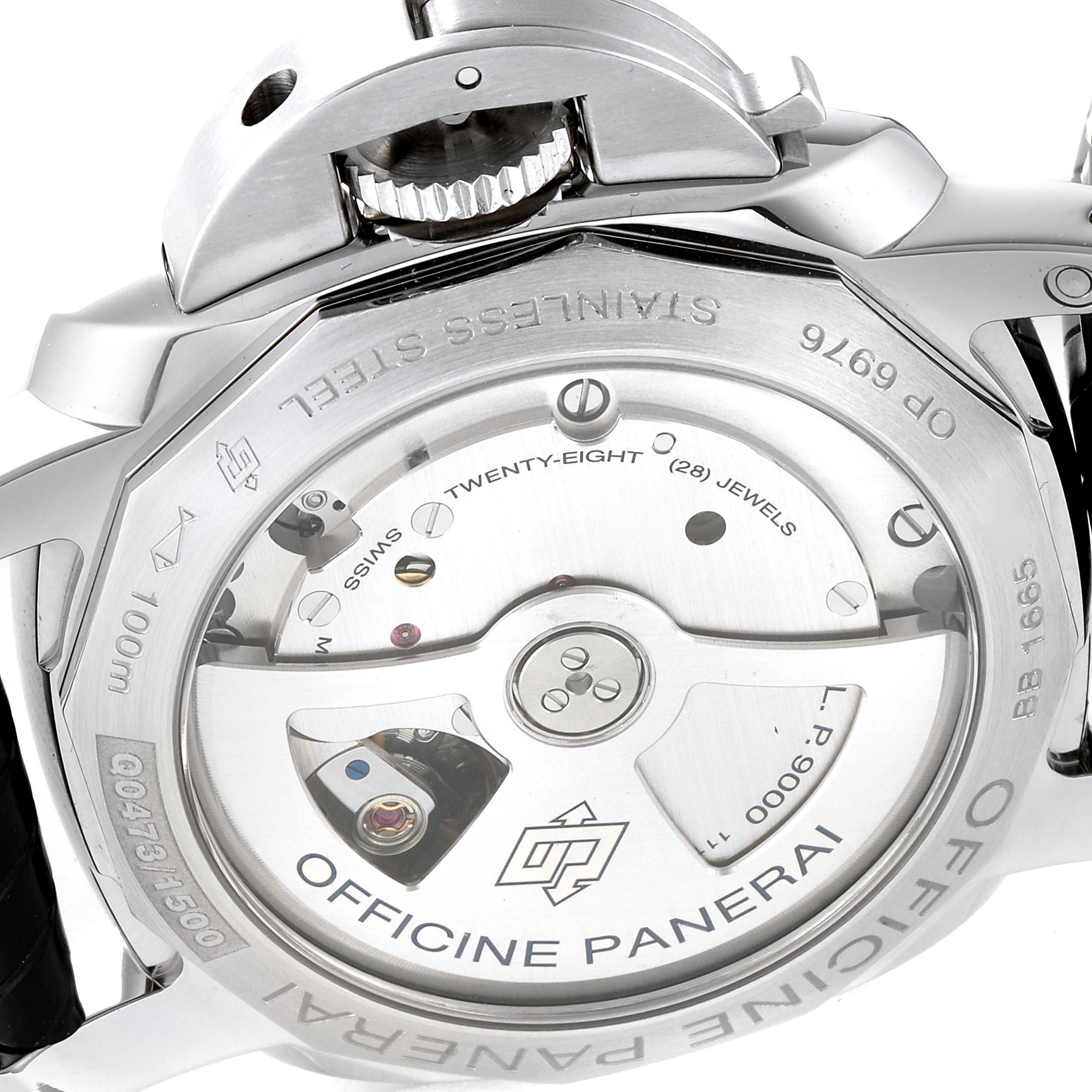 This image shows the back view of a Panerai Luminor PAM00523 Men
s Stainless Steel White Dial PAM00523 Men
s Stainless Steel White Dial watch, highlighting its inner mechanical components and stainless steel case.